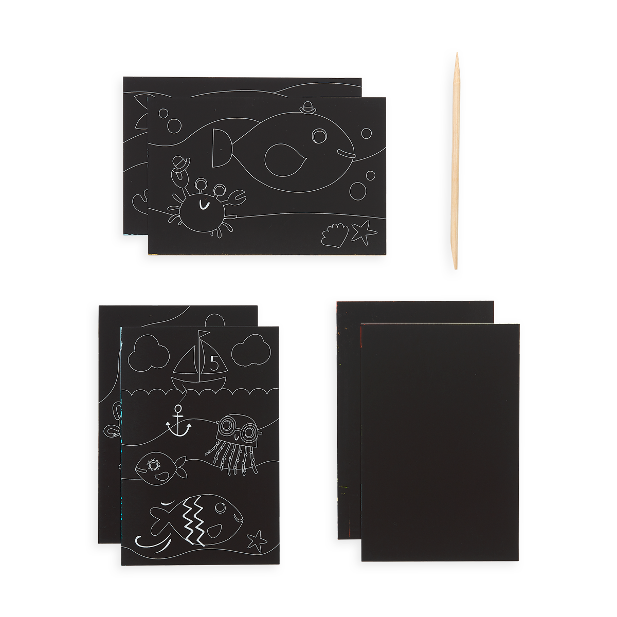 Supplies included in the Friendly Fish Scratch and Scribble Mini Scratch Art Kit includes 6 scratch sheets and a wooden stylus.