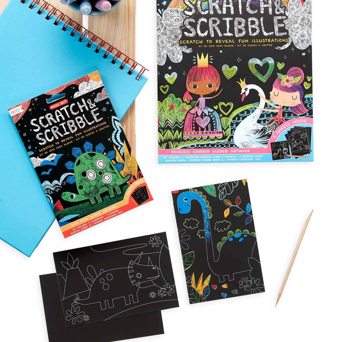 Dinosaur Days Scratch and Scribble Mini Scratch Art Kit next to the Princess Garden Scratch and Scribble Art Kit.