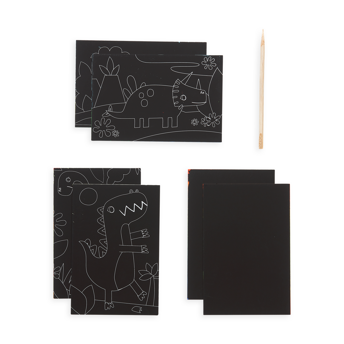 Image of the Dinosaur Days Scratch and Scribble Mini Scratch Art Kit contents which includes 6 sheets and one wooden stylus.