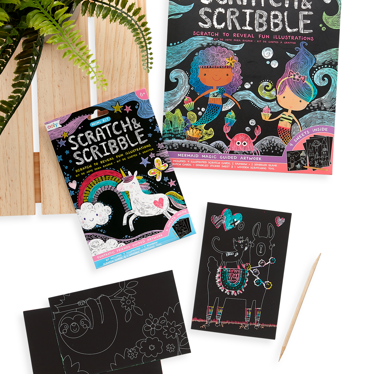 Display of Funtastic Friends Scratch and Scribble Mini Scratch Art Kit next to the Mermaid Magic Scratch and Scribble.