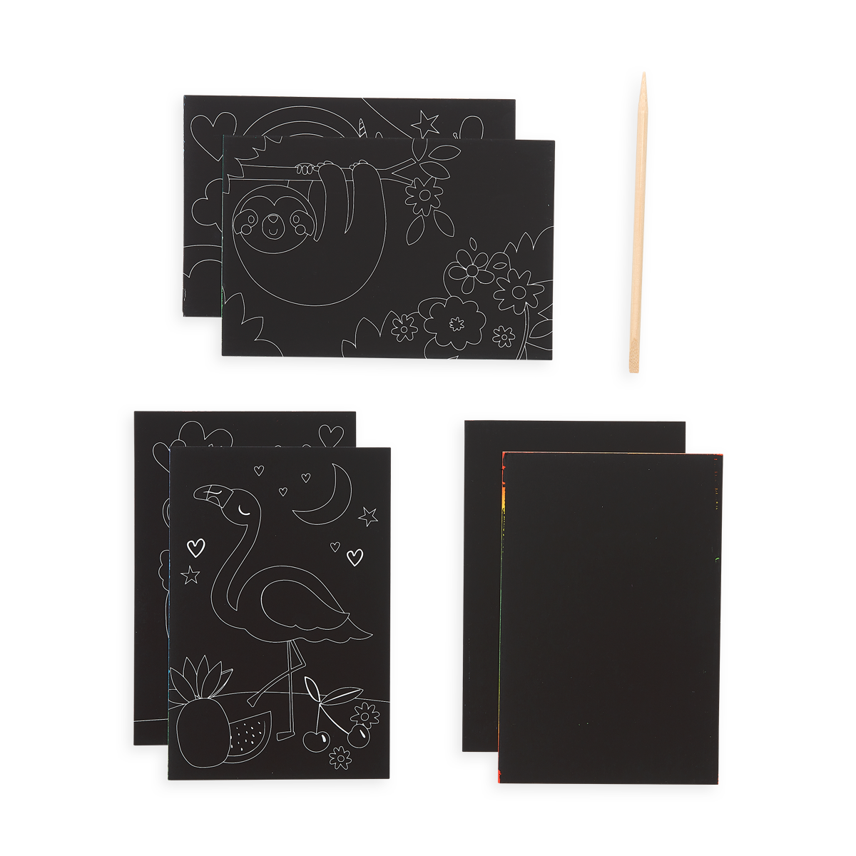 Funtastic Friends Scratch and Scribble Mini Scratch Art Kit package content which includes 6 sheets and a wooden stylus. 