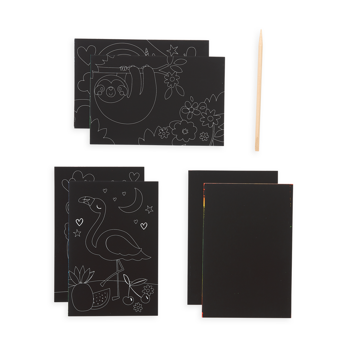 Funtastic Friends Scratch and Scribble Mini Scratch Art Kit package content which includes 6 sheets and a wooden stylus.