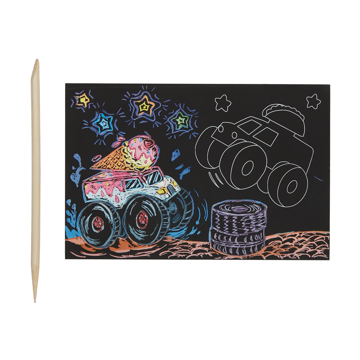 OOLY view of Monster Truck Mini Scratch and Scribble Art Kit in use