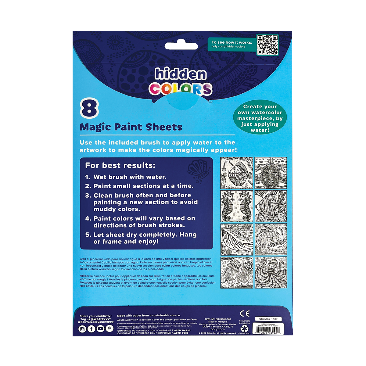 OOLY Hidden Colors Magic Paint Sheets - Magic Ocean back side view of packaging