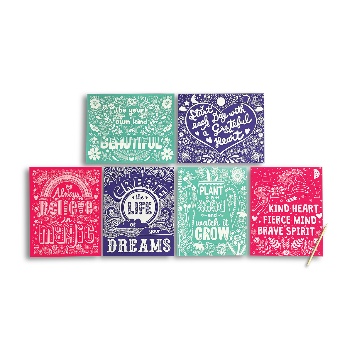 OOLY Scratch and Shine Foil Scratch Art Kit - Amazing Affirmations out of packaing