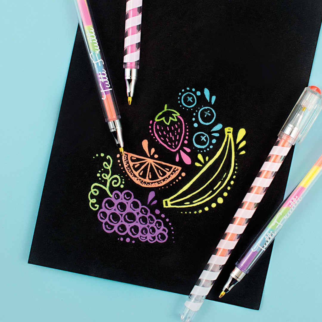 OOLY Tutti Frutti Gel pens writing on black paper