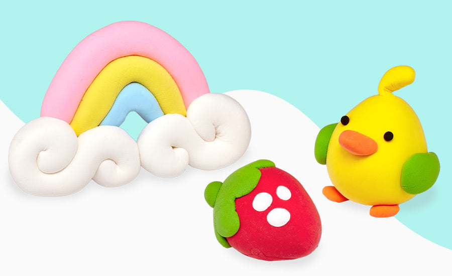 rainbow, strawberry and bird made out of air dry clay