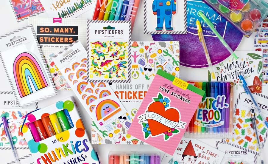 colorful school supplies and stickers on white background