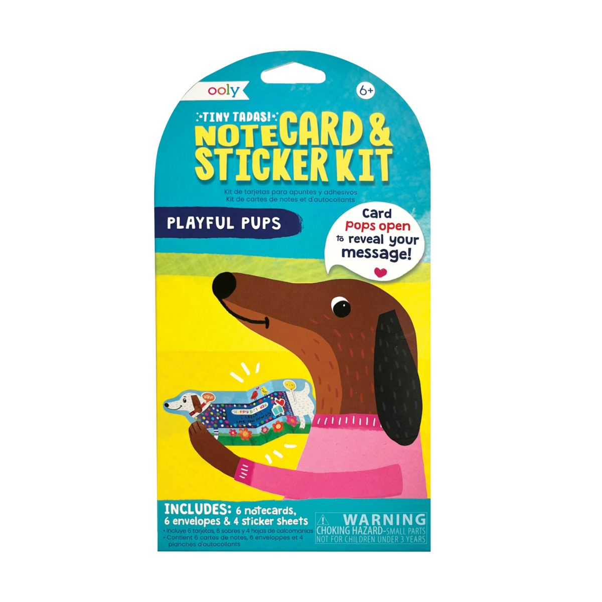 Tiny Tada! Playful Pups note card and sticker kit in packaging