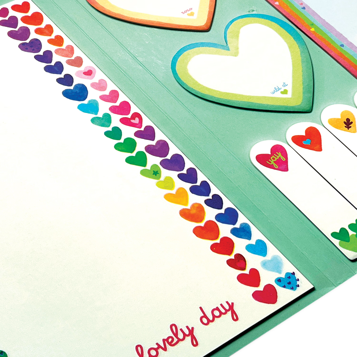 Side Notes Sticky Tab Note Pad - Rainbow Hearts closeup of sticky tabs