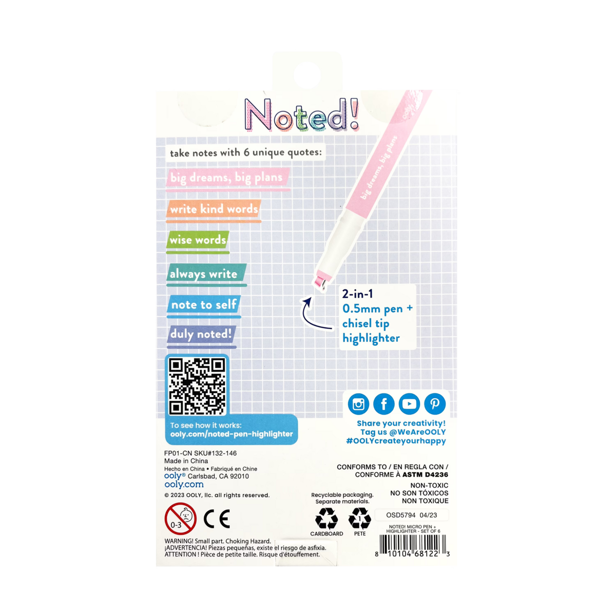 Noted! 2-in-1 micro fine pen and highlighter back of packaging