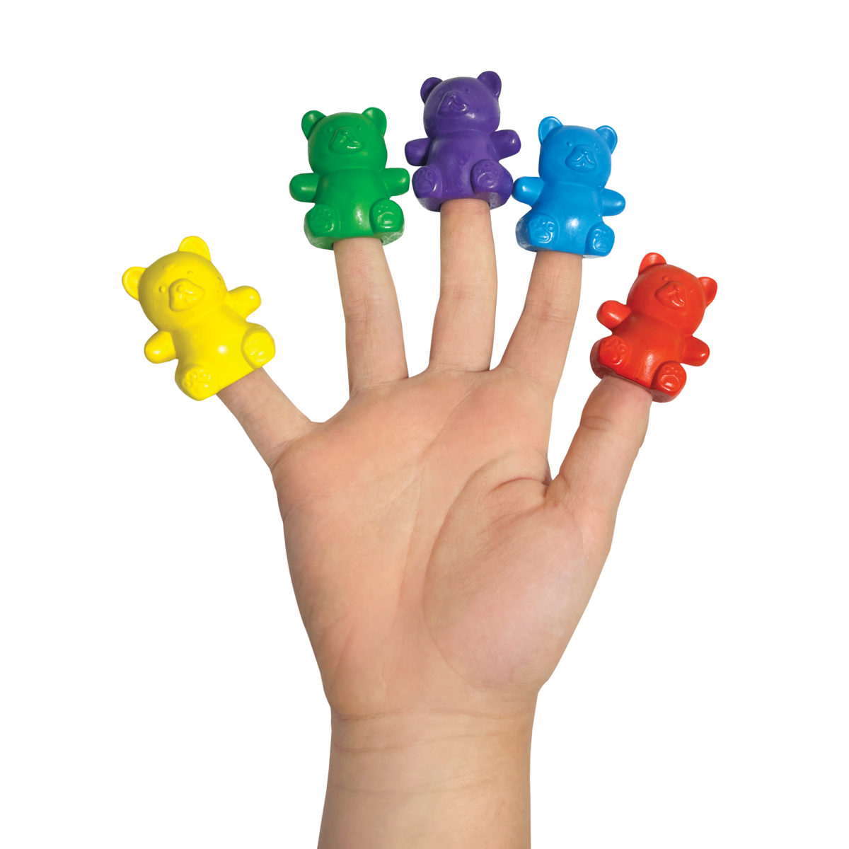 Child's hand with Cuddly Cubs bear finger crayons on fingers