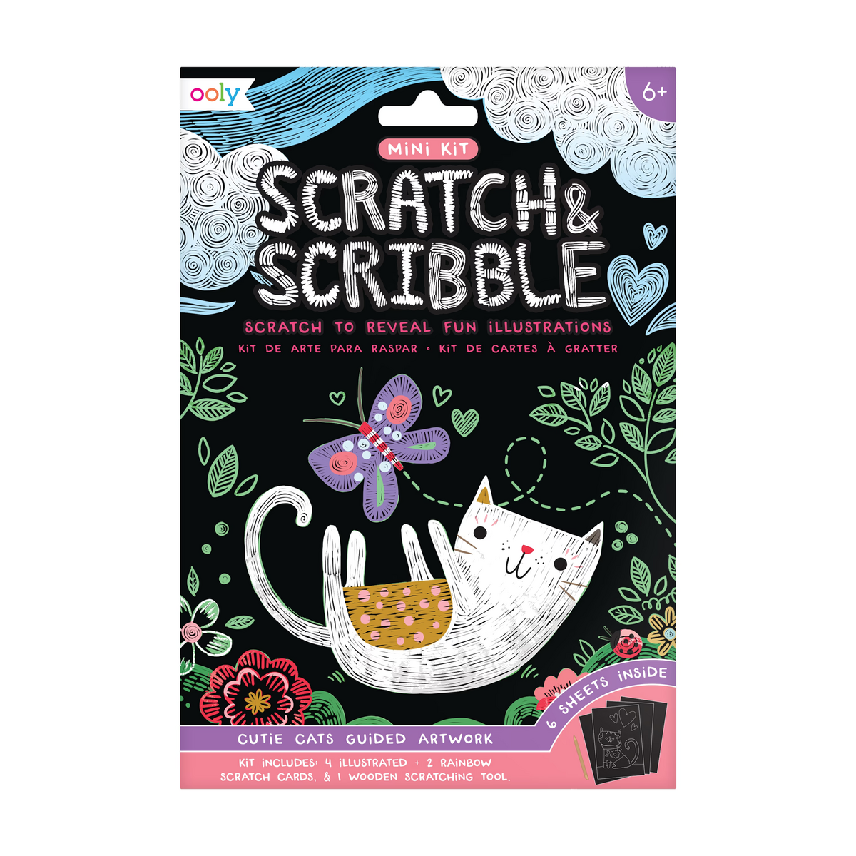 Image of OOLY Cutie Cats Scratch and Scribble Mini Scratch Art Kit in package (front).