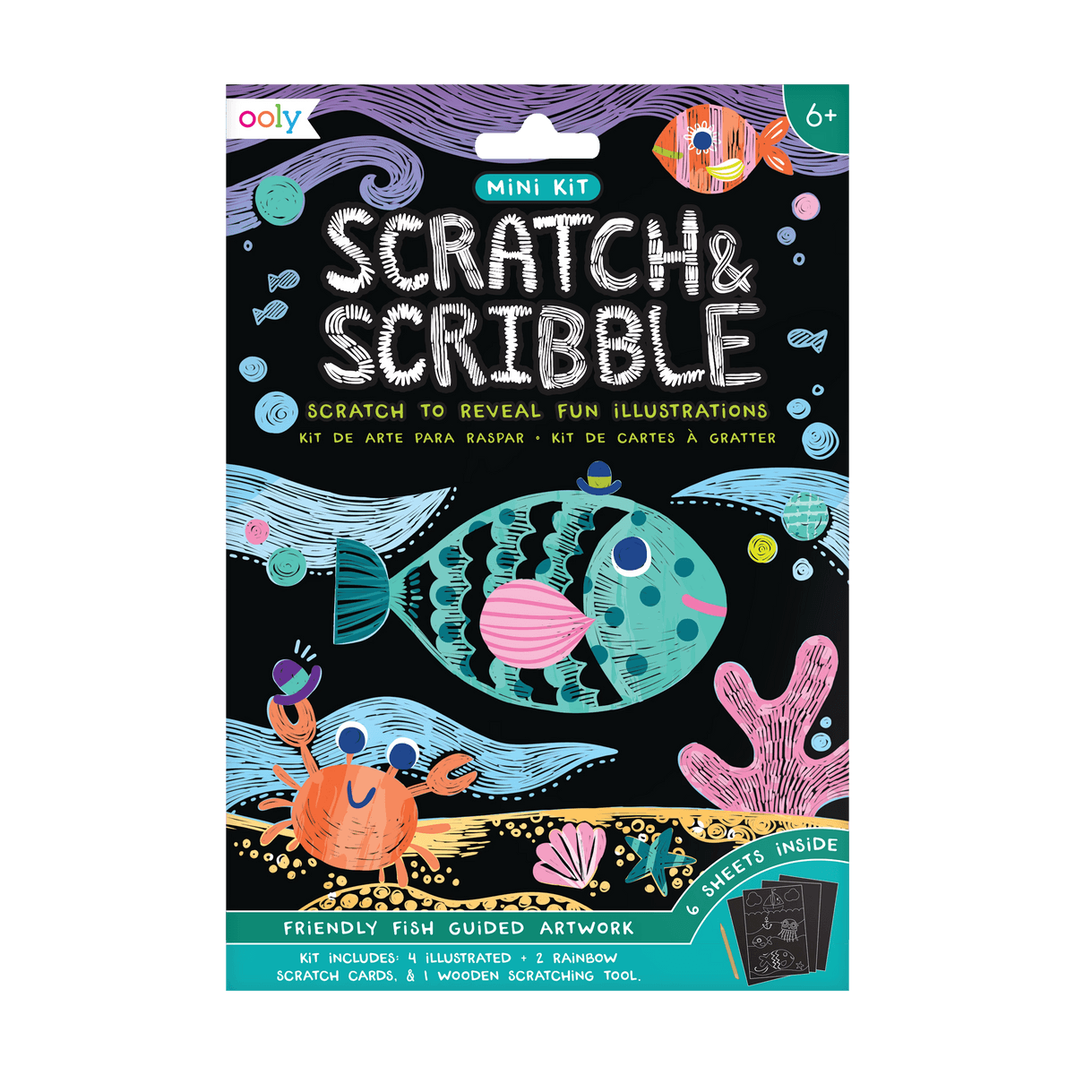 OOLY Friendly Fish Scratch and Scribble Mini Scratch Art Kit in package (front).