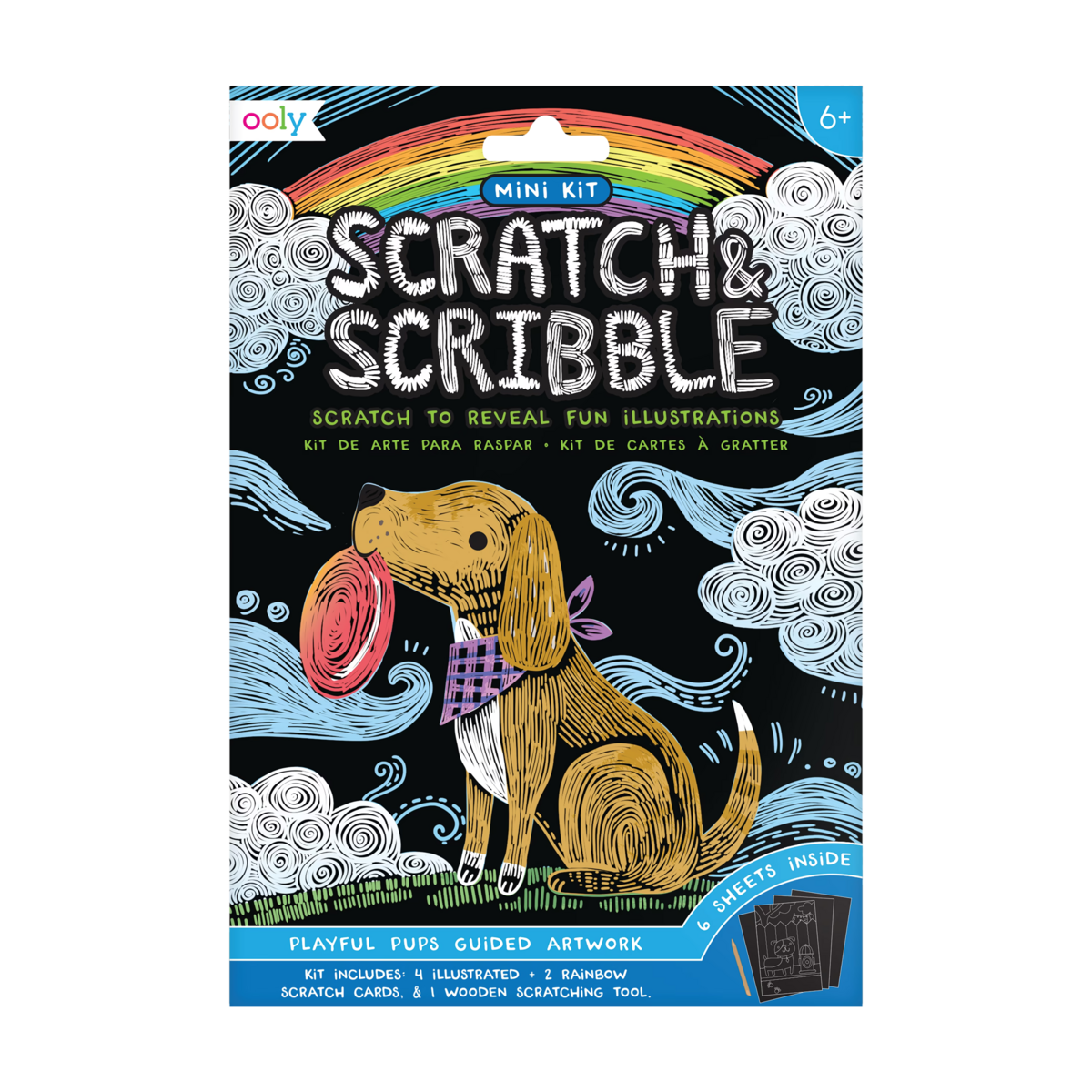 Playful Pups Scratch and Scribble Mini Scratch Art Kit inside package (front)