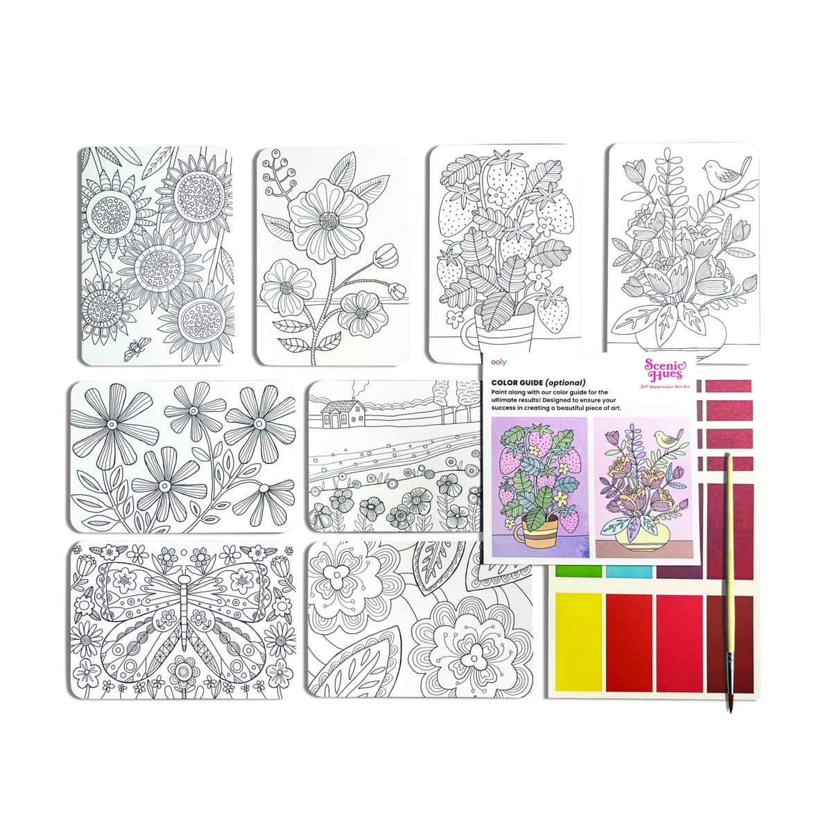 Flowers and Gardens Scenic Hues DIY watercolor art kit contents