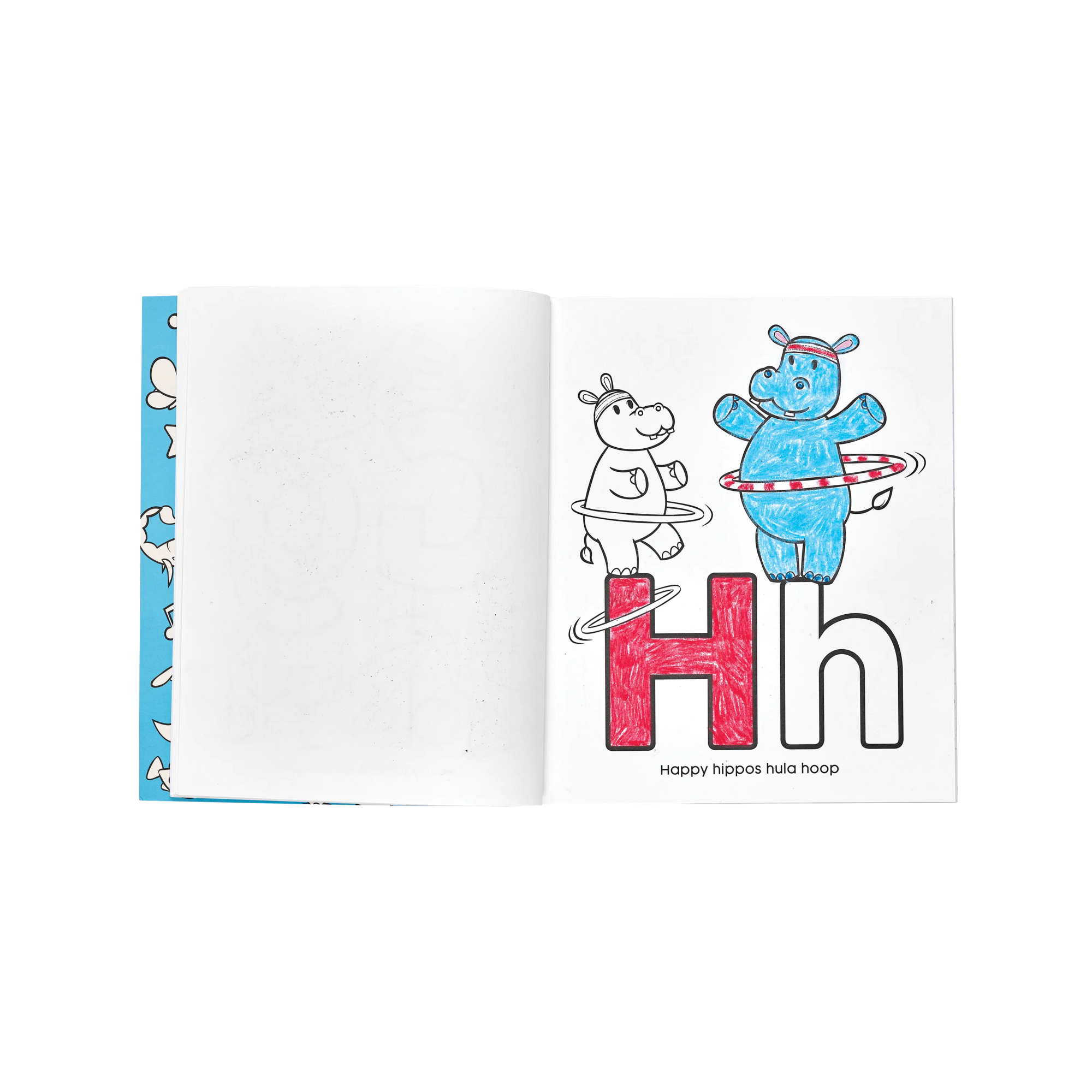 Opened OOLY ABC Amazing Animals toddler coloring book with colored H hippo page
