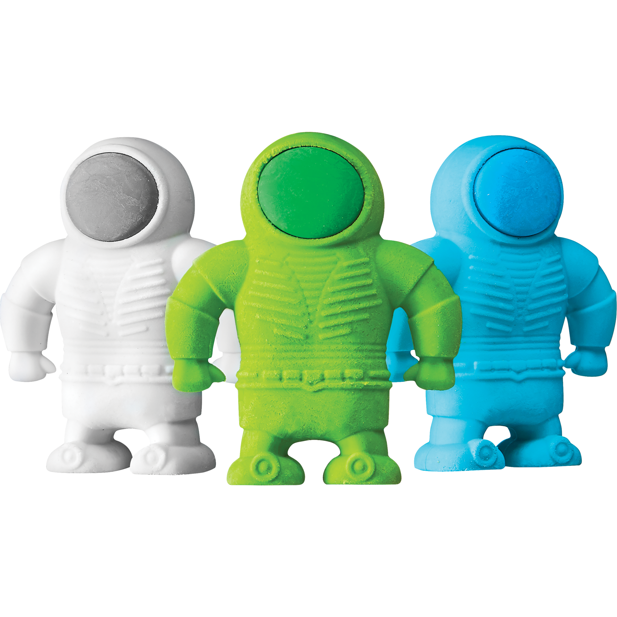 Three OOLY Astronaut Erasers - white, green and blue colors