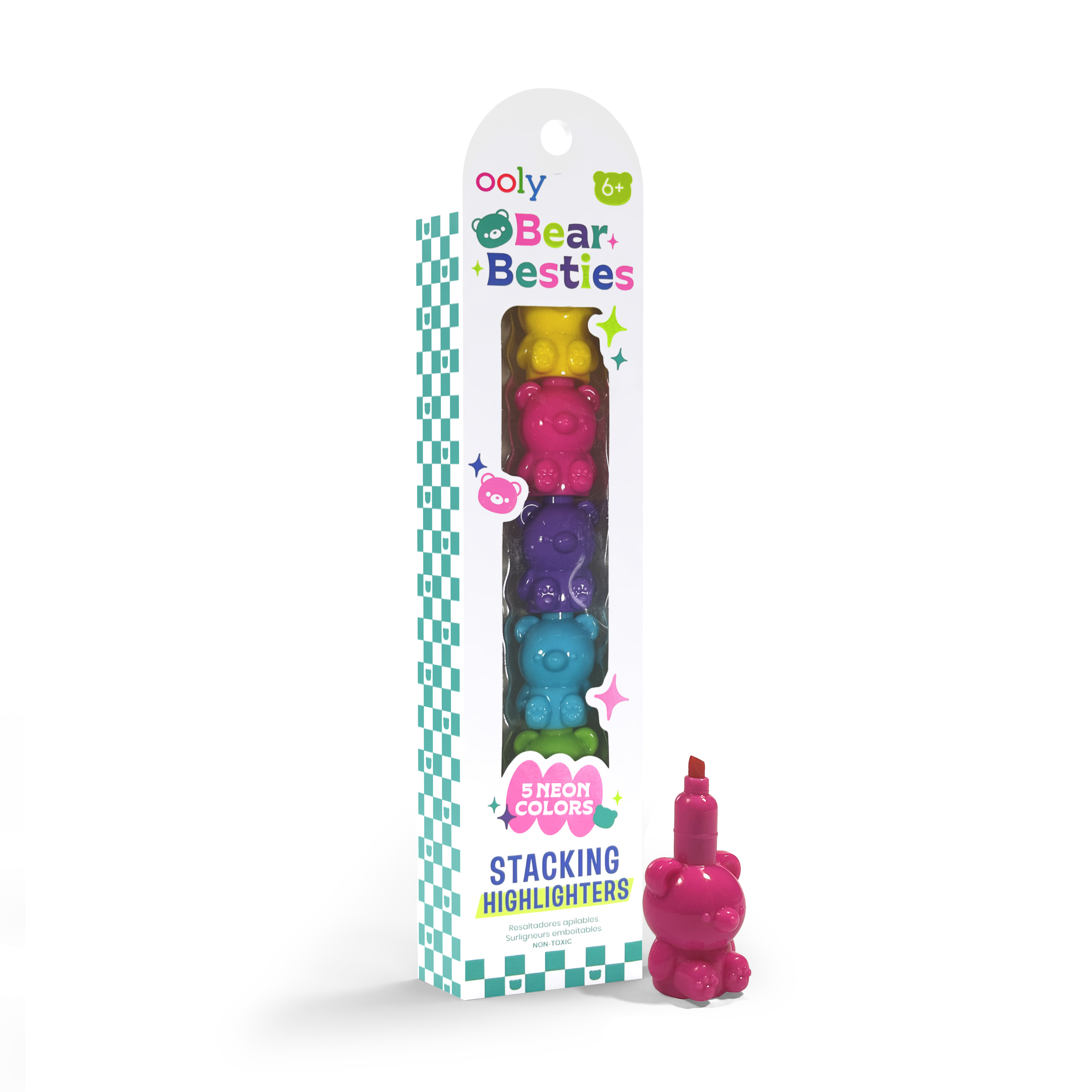 Quarter Angle of packaging of OOLY Bear Besties Stacking Highlighters on a white background