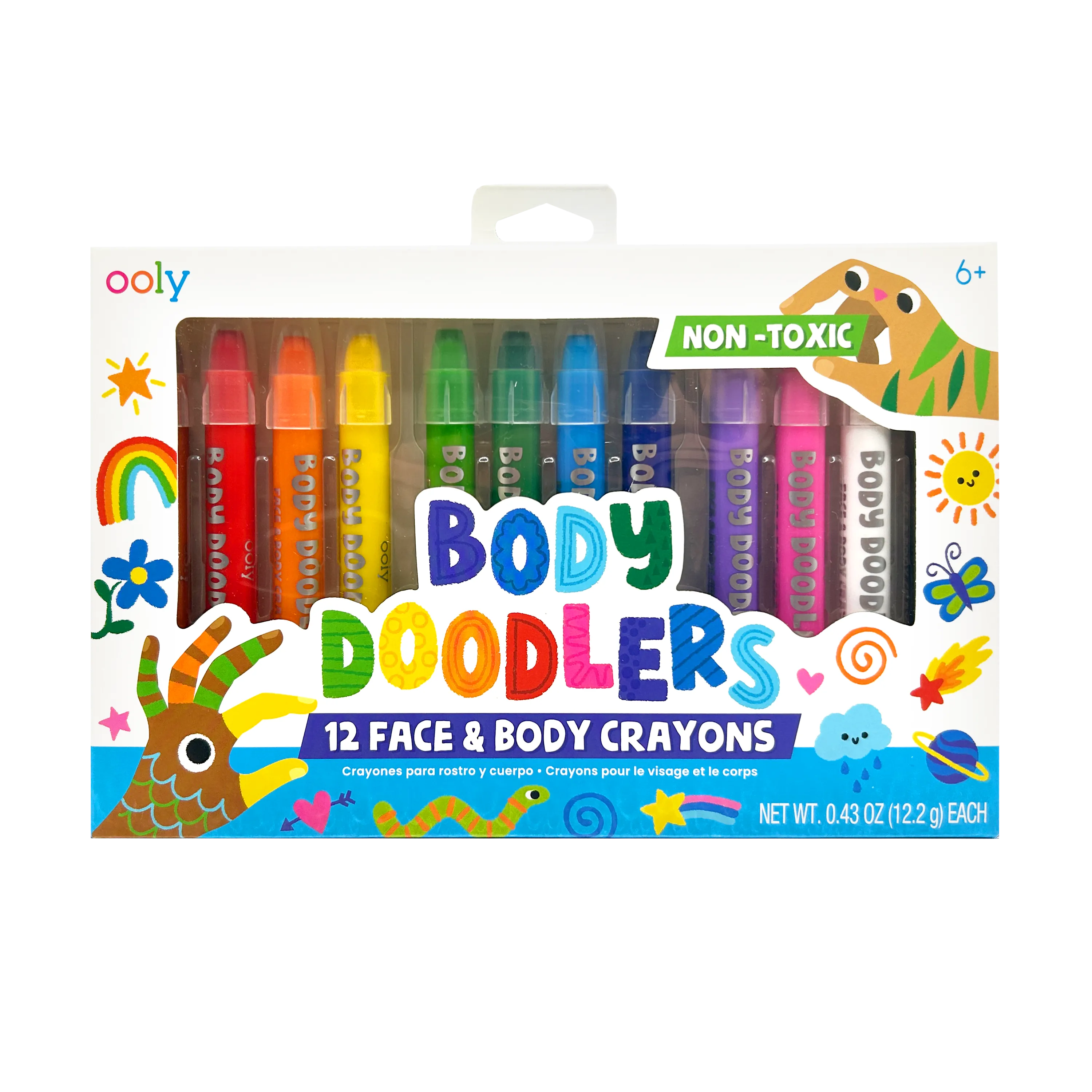 Front of packaging of the OOLY Body Doodlers - Face & Body Crayons