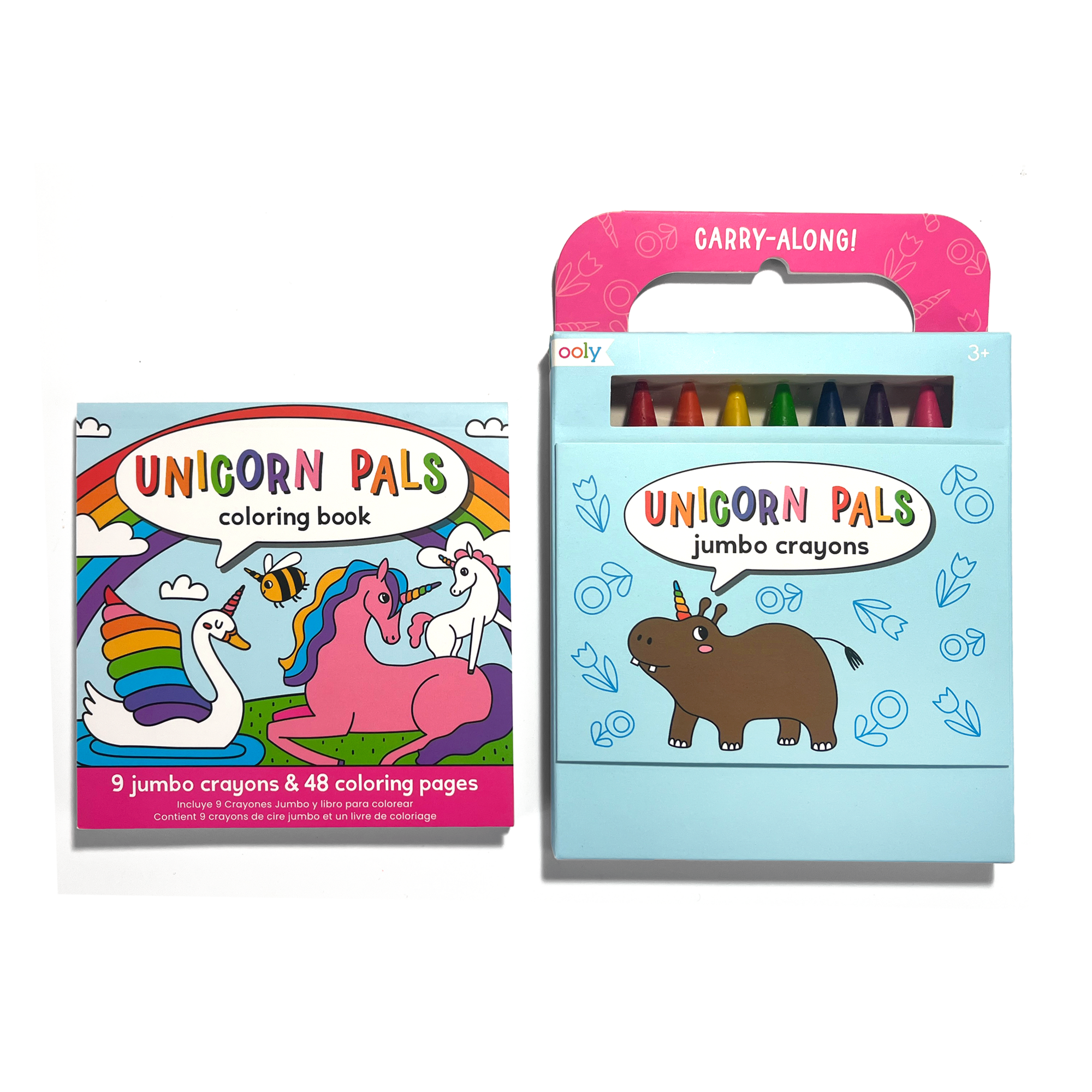 OOLY Carry Along! Coloring Book and Crayon Set - Unicorn Pals with coloring book and crayon set side-by-side