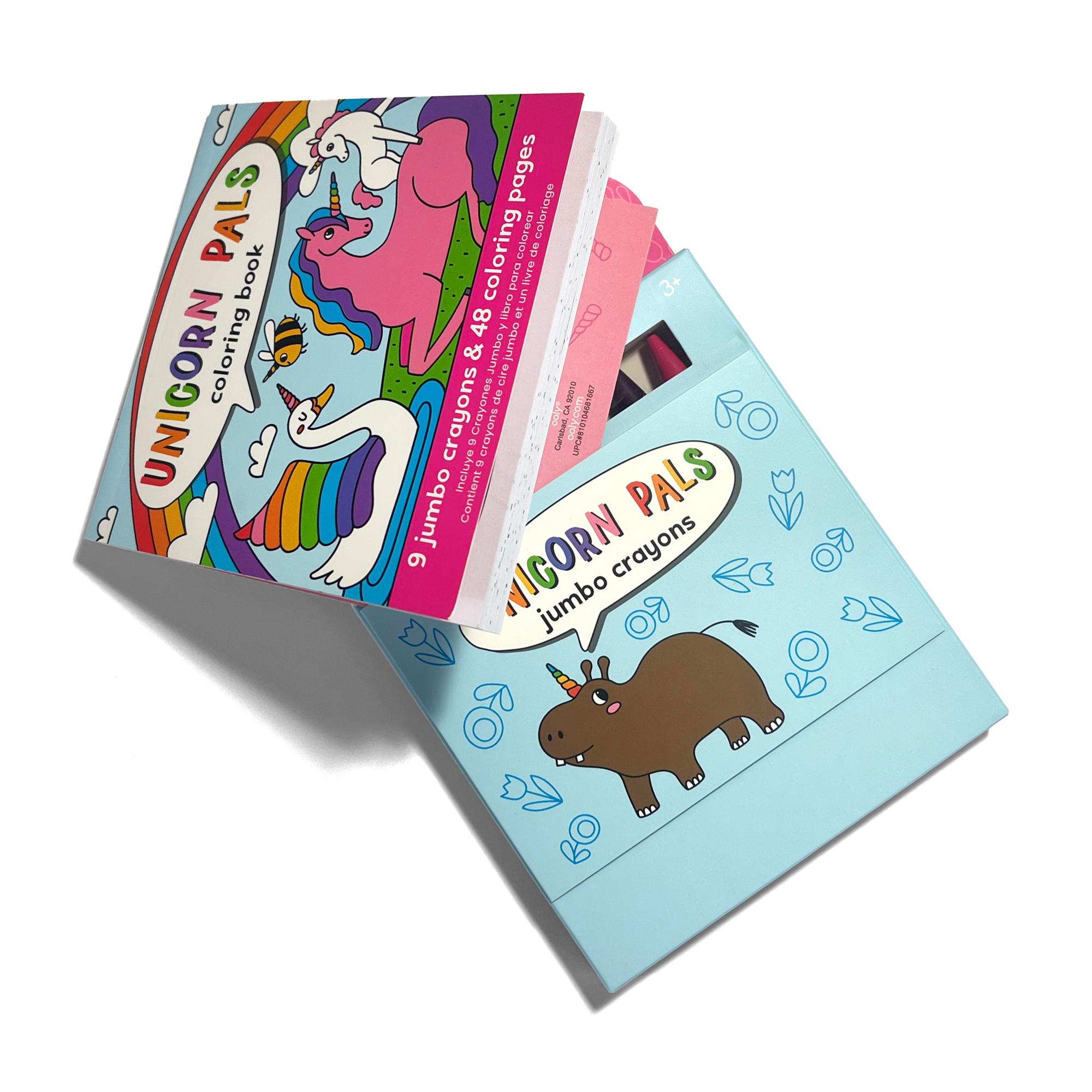 OOLY Carry Along! Coloring Book and Crayon Set - Unicorn Pals with coloring book and crayon set angled