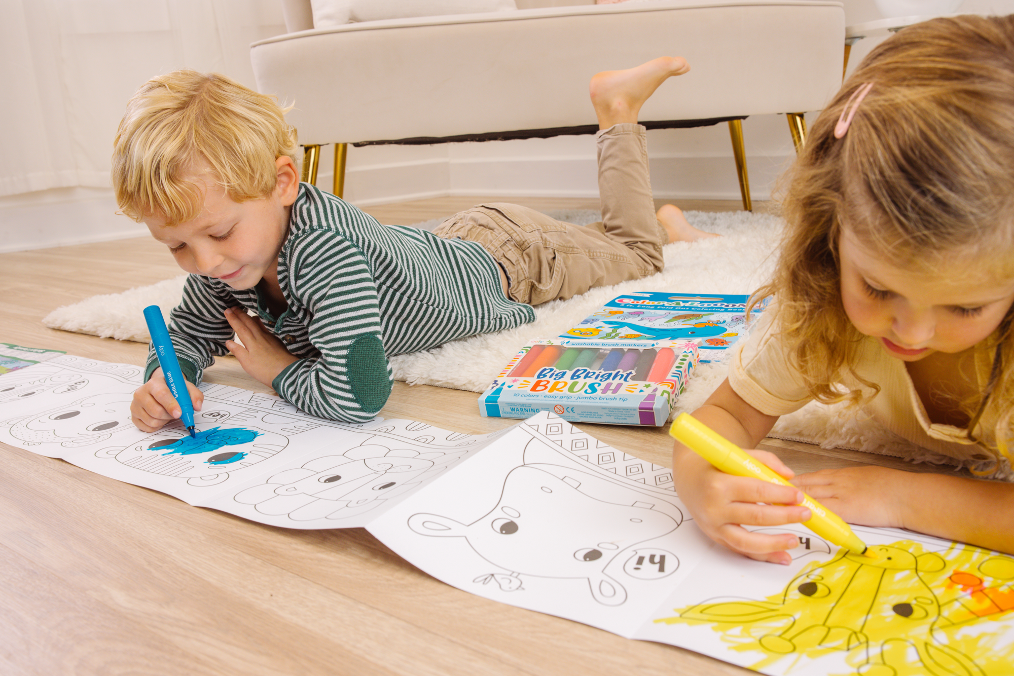 Kids coloring on floor coloring OOLY Color-A-Looong 5' Fold Out Kids Coloring Book - Safari Family