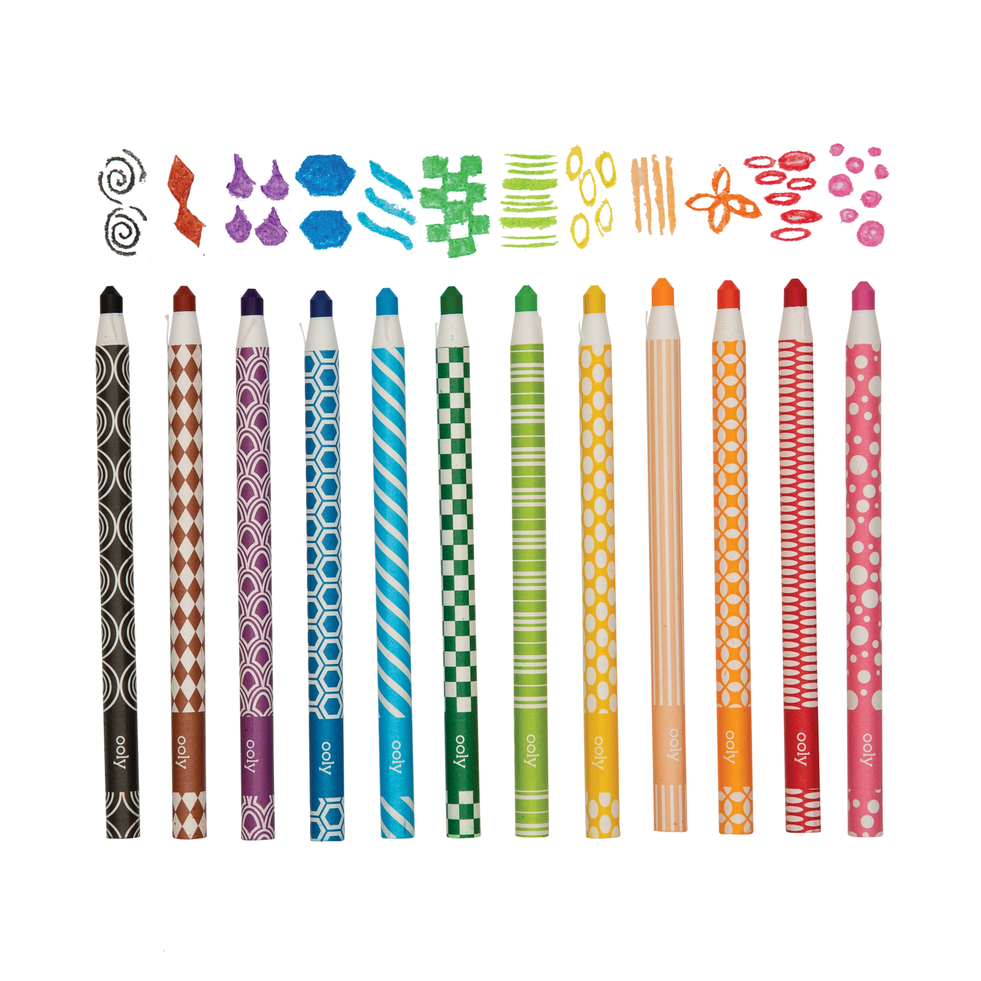 All 12 OOLY Color Appeel Crayon Sticks in a row with color swatches