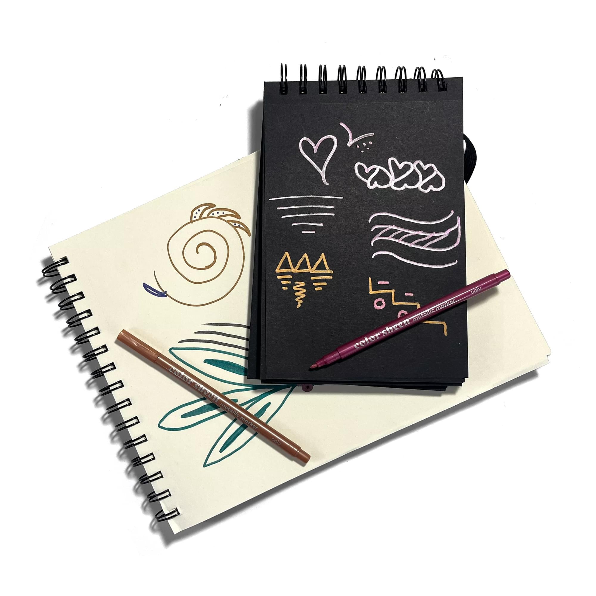 Two sketchbooks with designs from Color Sheen Metallic Colored Felt Tip Markers