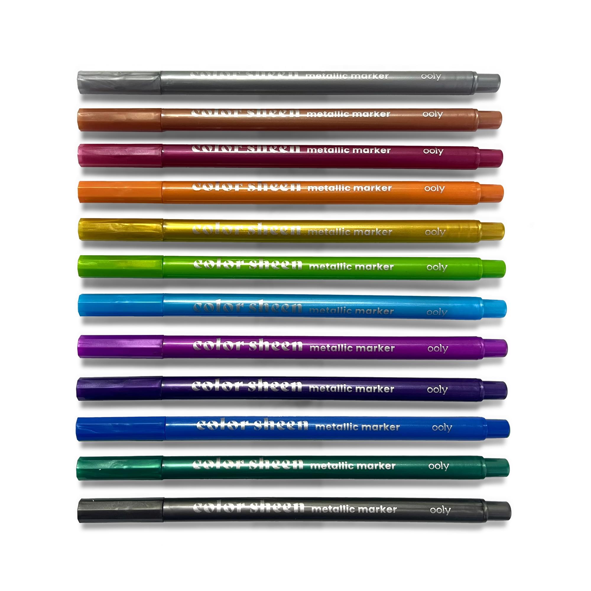 Color Sheen Metallic Colored Felt Tip Markers out of packaging and in row