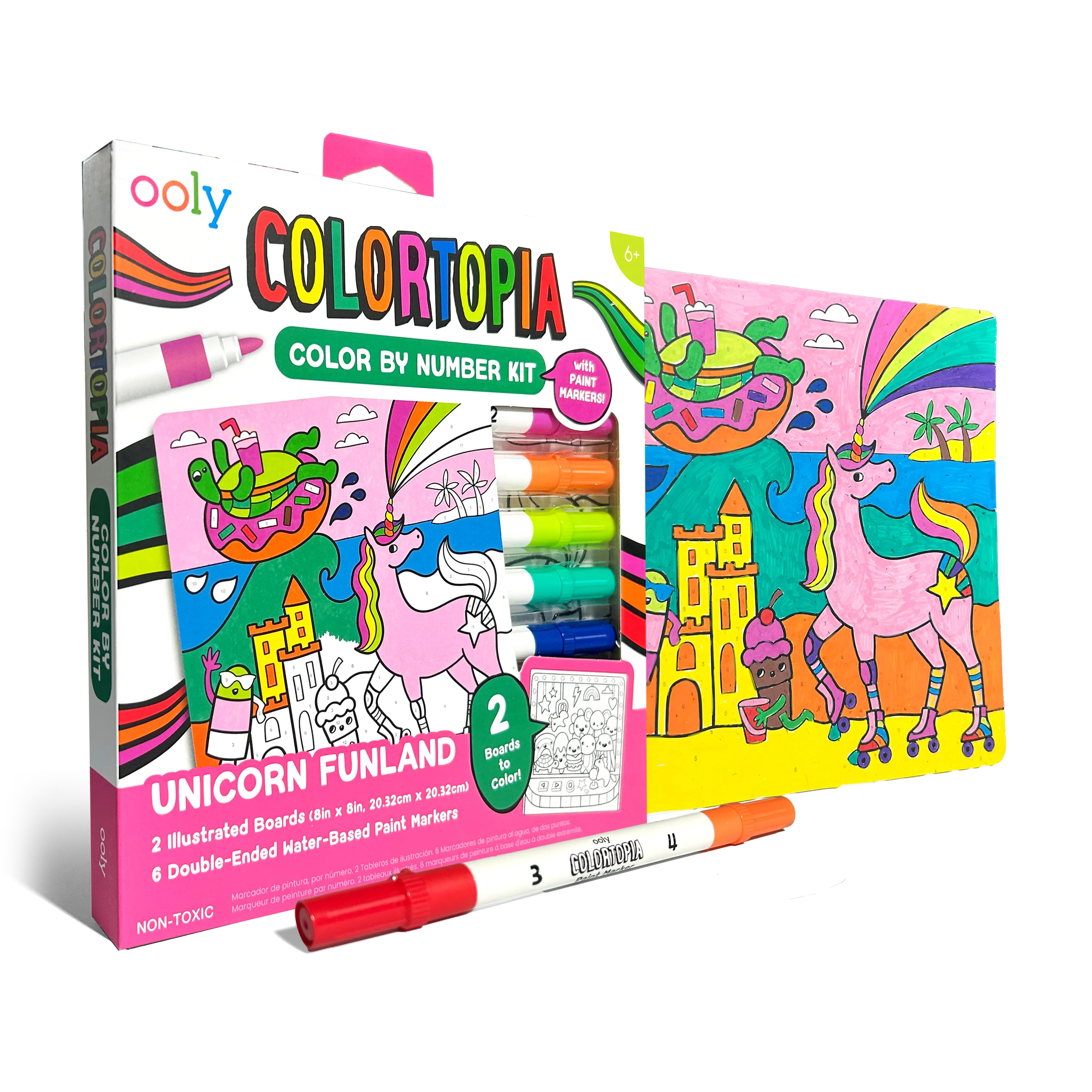 Quarter angle of packaging and art board from the OOLY Unicorn Funland Colortopia Color By Number Paint Marker Kit