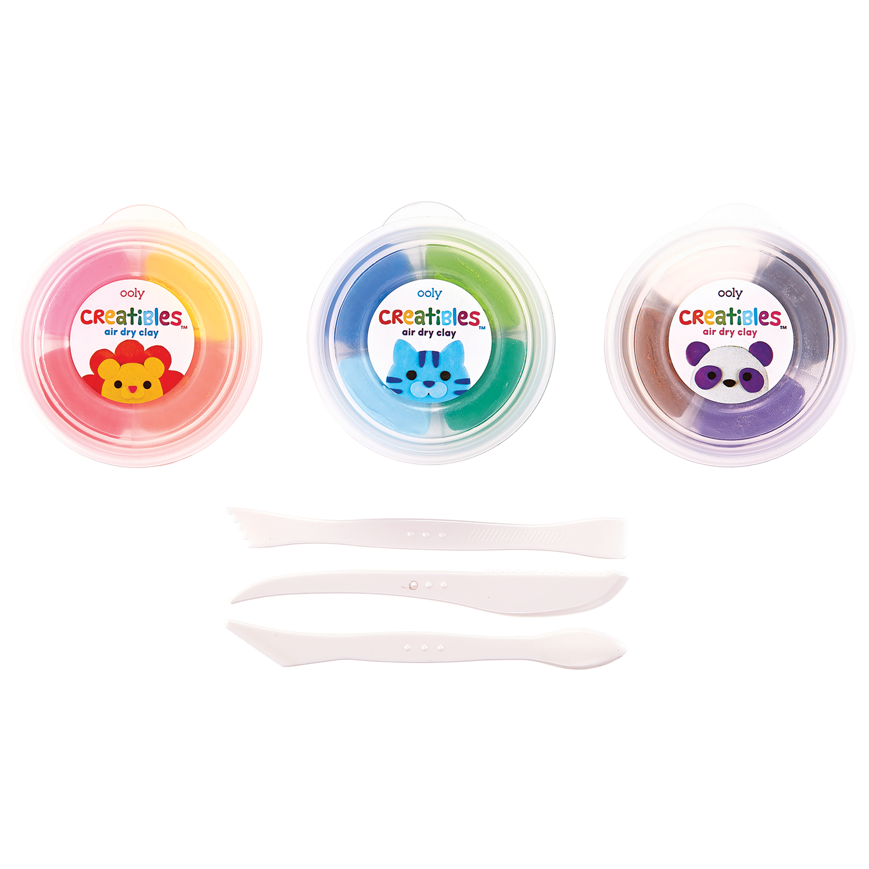 Three containers of OOLY Creatibles Standard Air Dry Clay Kit with 3 shaping tools