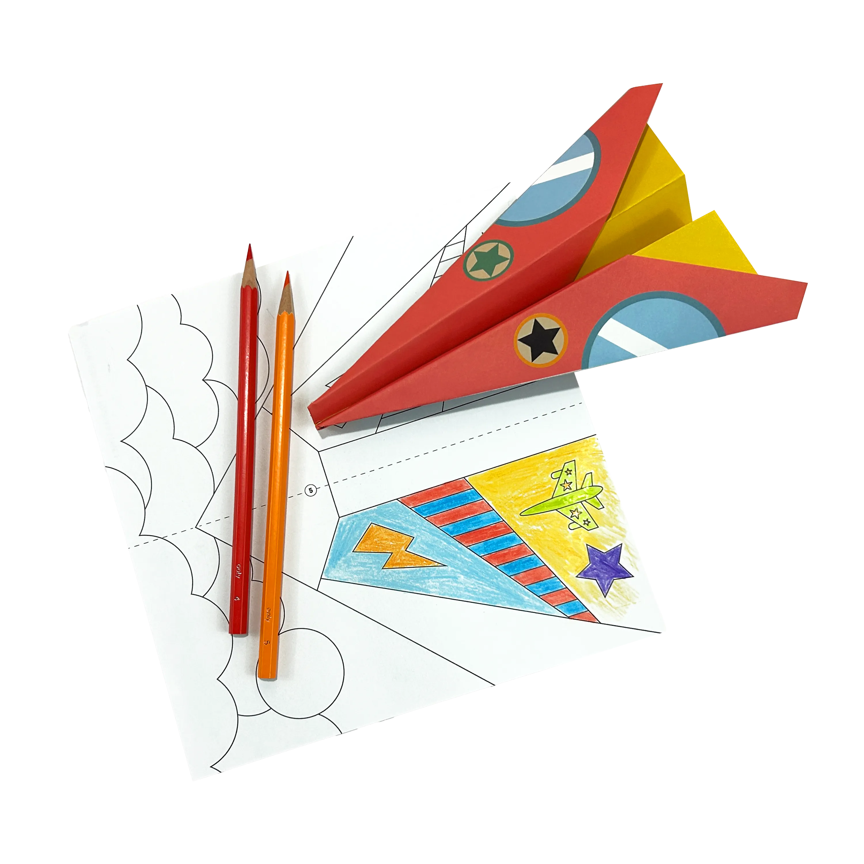 Partially colored page and finished paper airplane from OOLY DIY Paper Airplanes Activity Kit