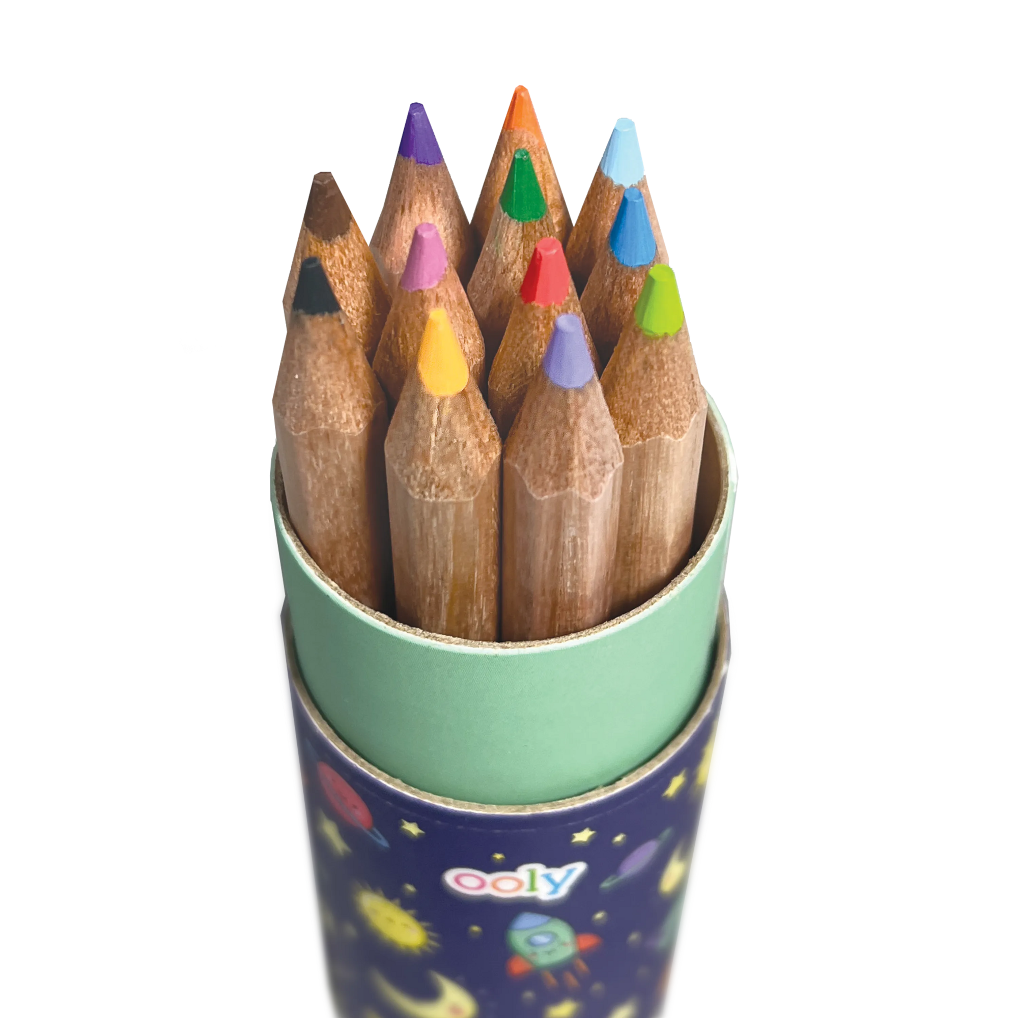OOLY Draw 'n Doodle Mini Colored Pencils and Sharpener - Set of 12 close up open container