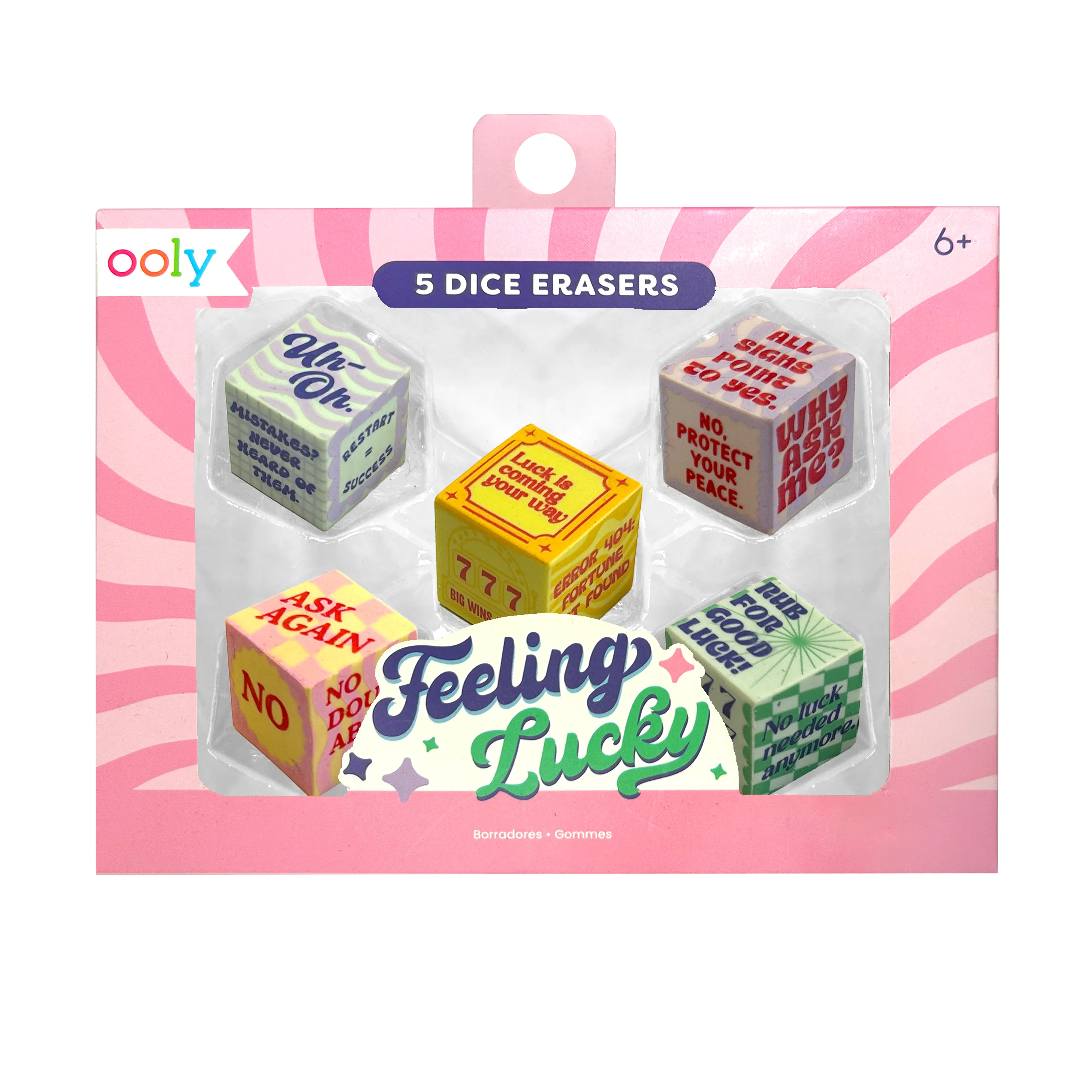 Front packaging of OOLY Feeling Lucky Dice Erasers on a white background