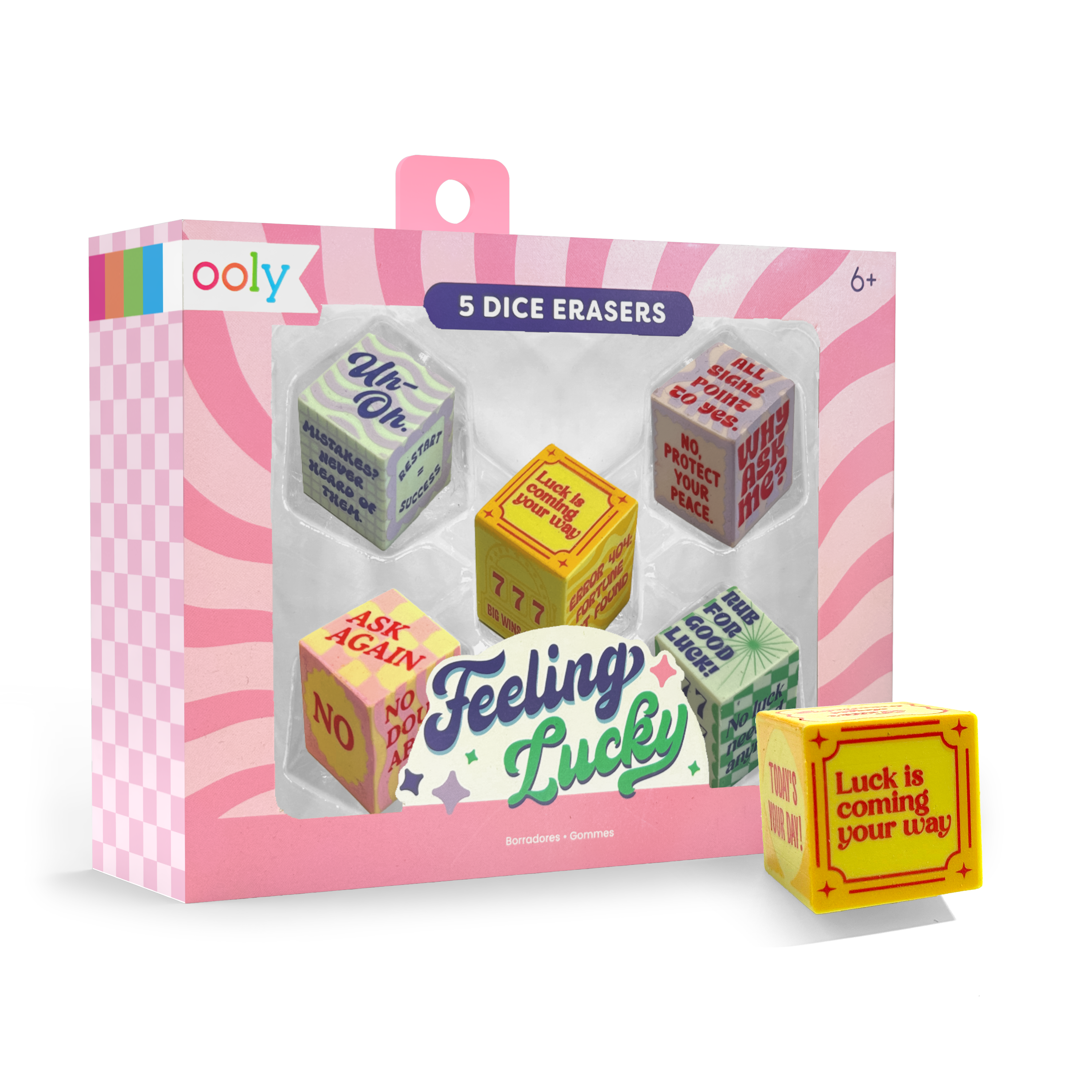 Quarter angle of packaging of OOLY Feeling Lucky Dice Erasers on a white background