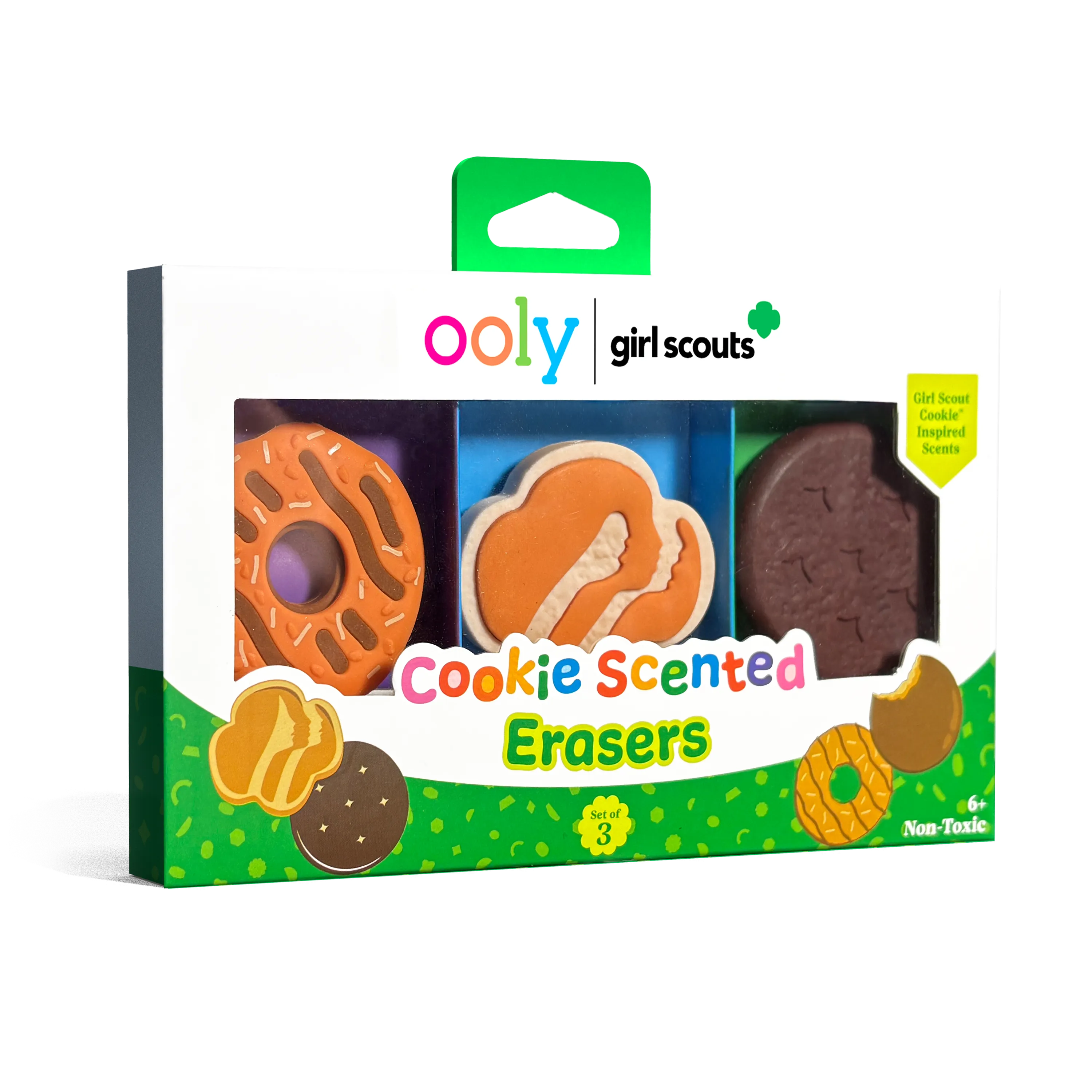 Quarter angle of front of packaging of OOLY x Girl Scouts Cookie Scented Erasers