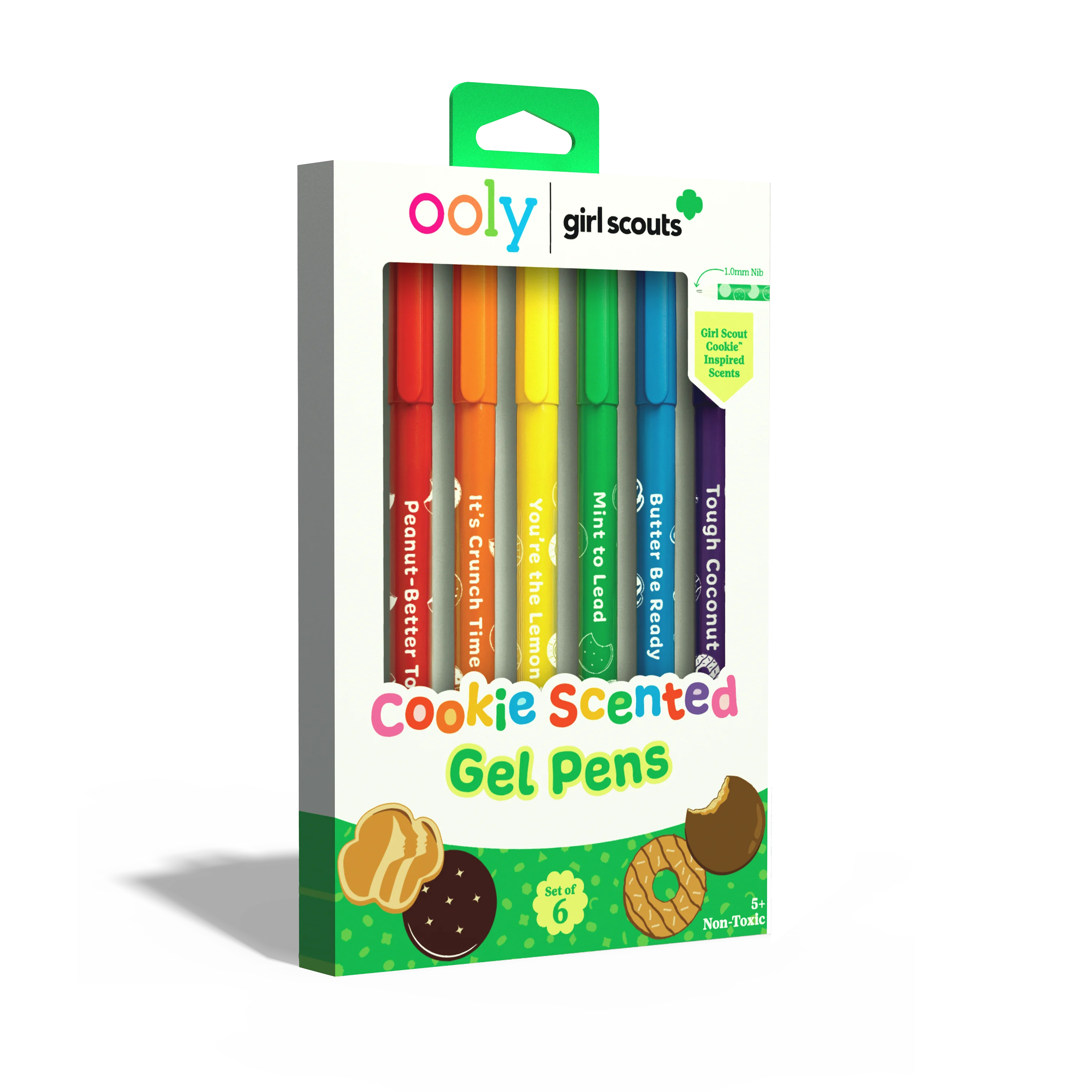 Quarter angle of front of packaging of OOLY x Girl Scouts Cookie Scented Gel Pens