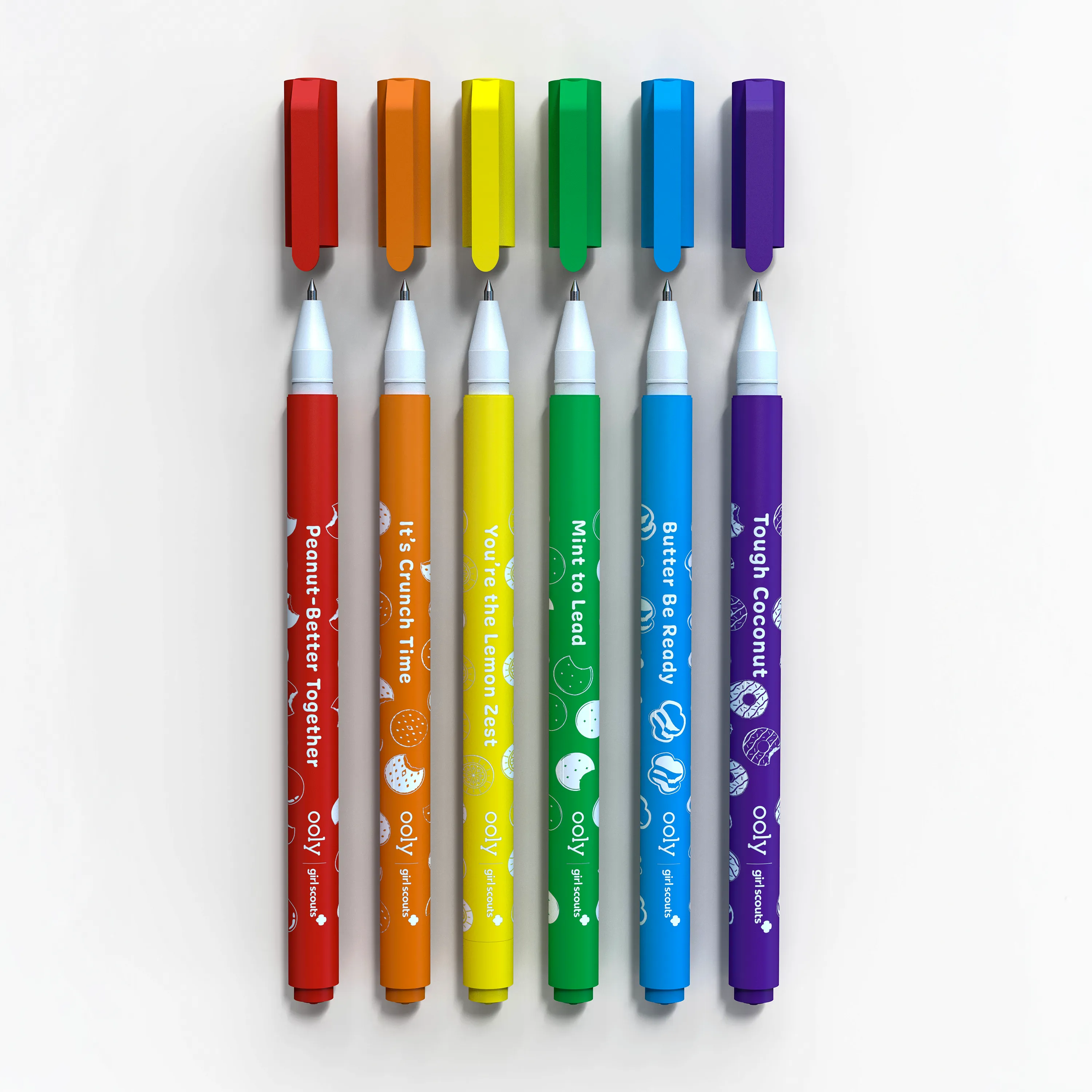 Row of uncapped OOLY x Girl Scouts Cookie Scented Gel Pens