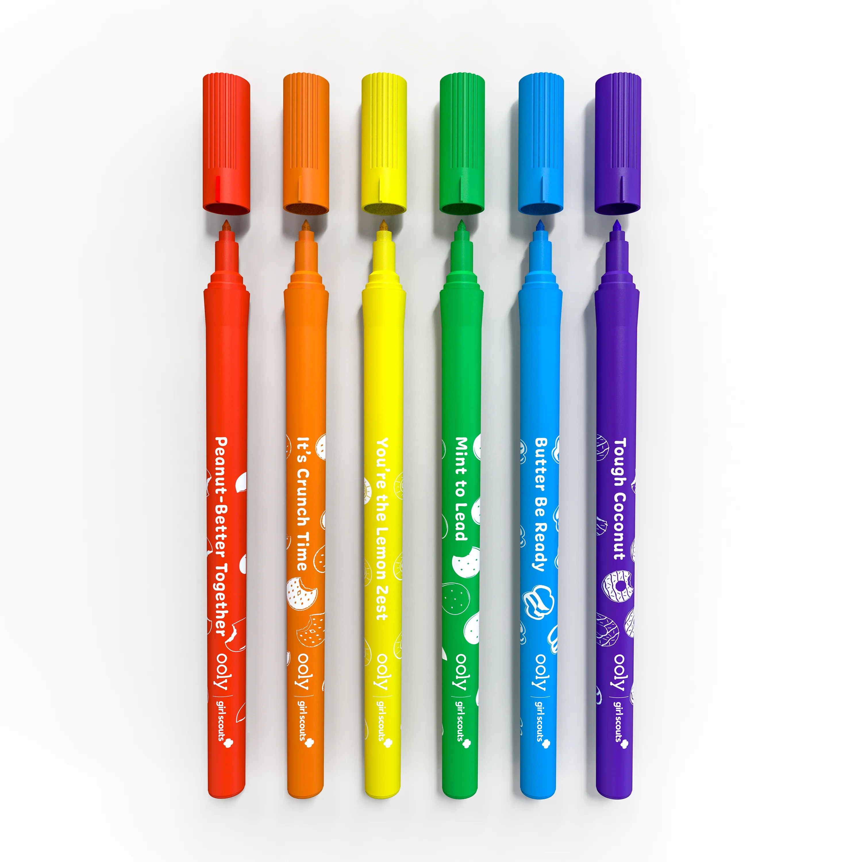 Row of uncapped markers from the OOLY x Girl Scouts Cookie Scented Markers