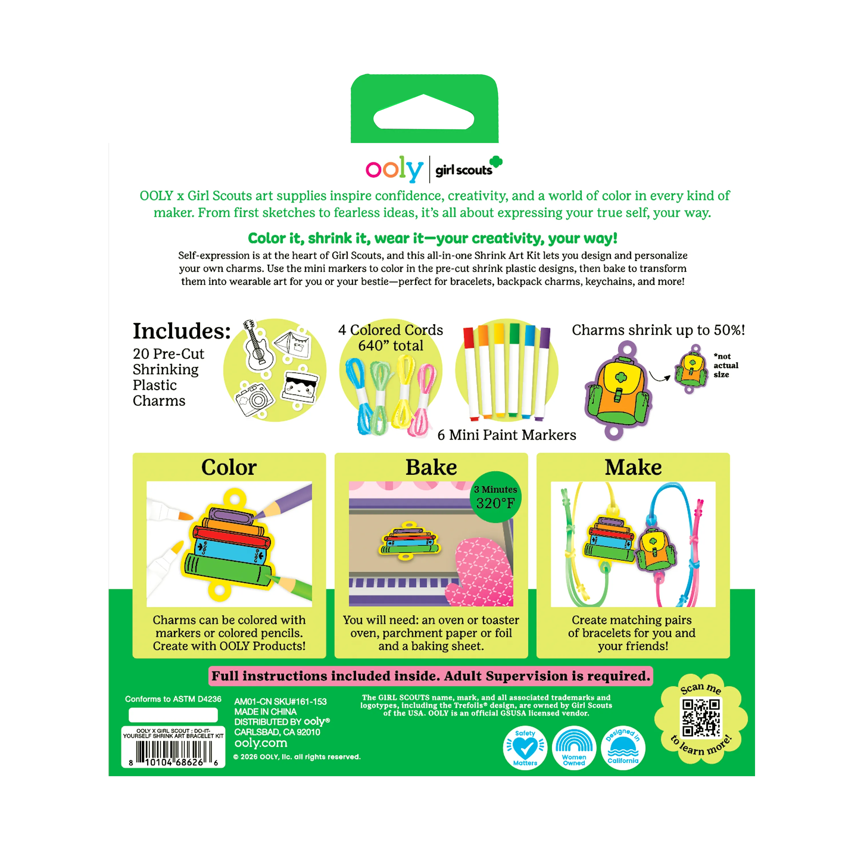 Back of packaging of OOLY x Girl Scouts DIY Shrink Art Bracelet Kit
