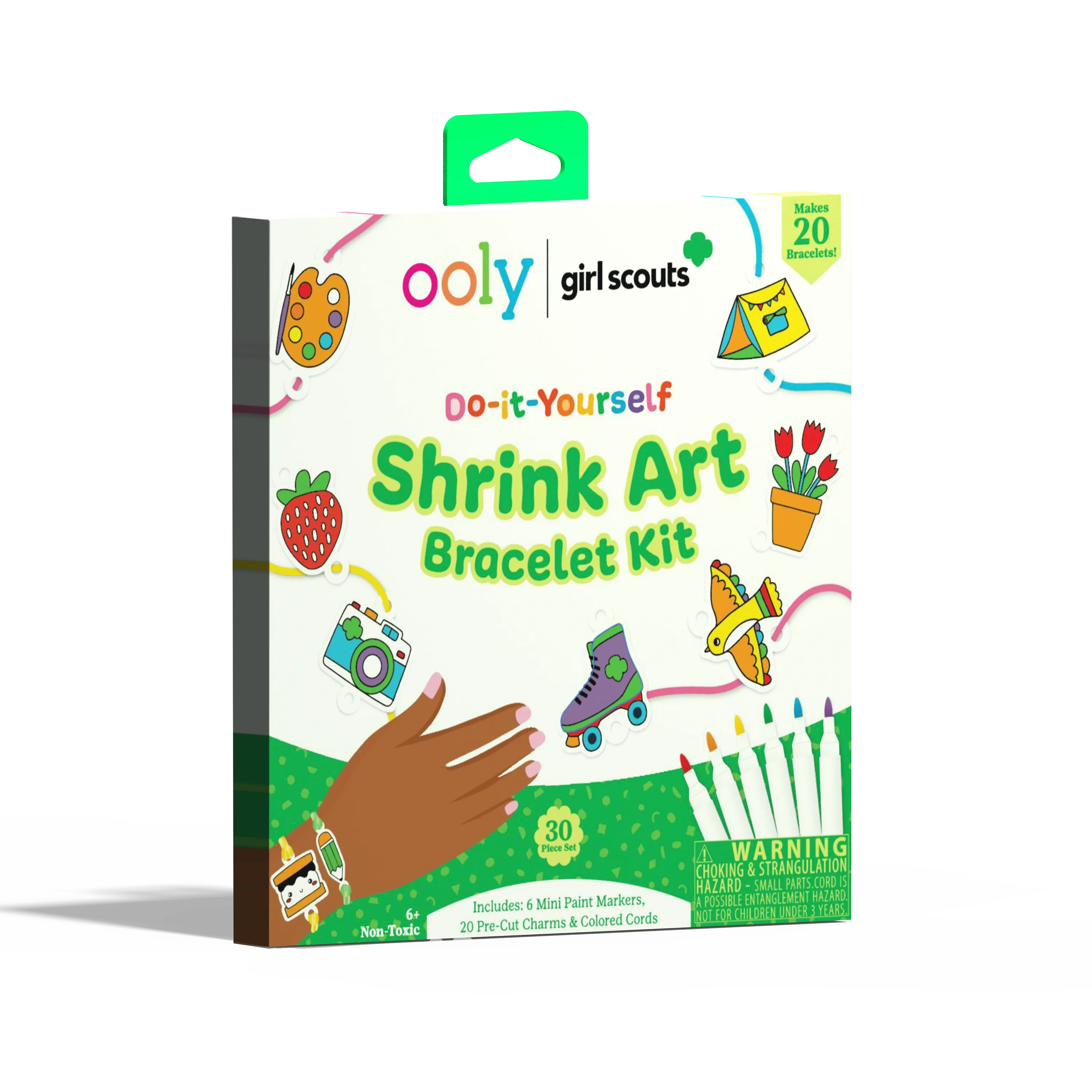 Quarter angle of front of packaging of OOLY x Girl Scouts DIY Shrink Art Bracelet Kit