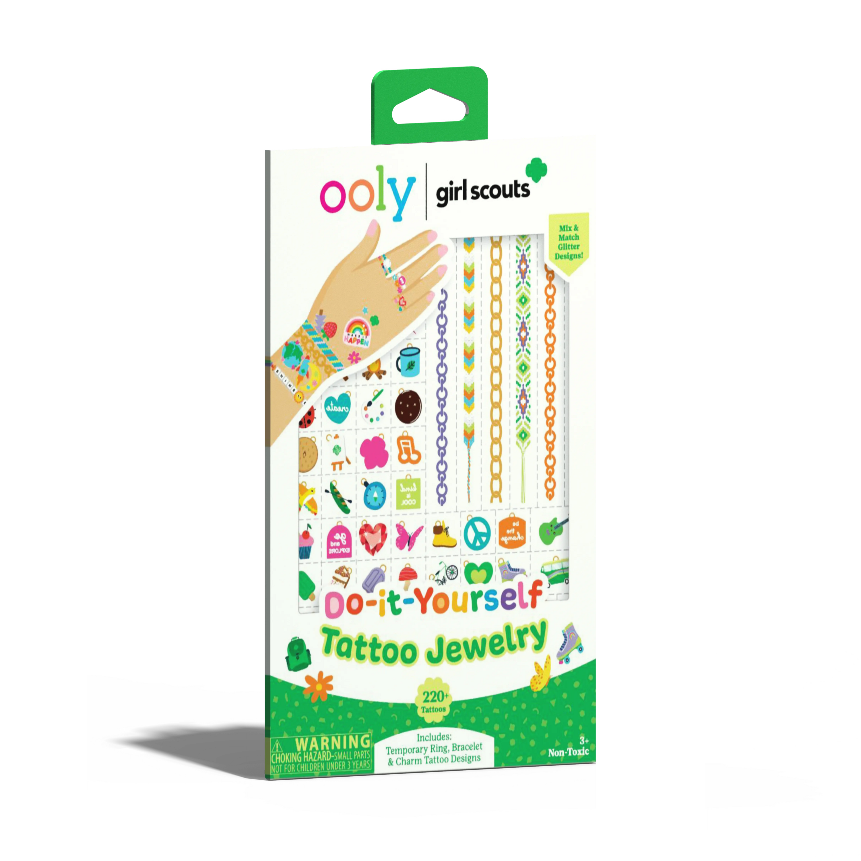 Quarter angle of front of packaging of OOLY x Girl Scouts DIY Temporary Tattoo Jewelry