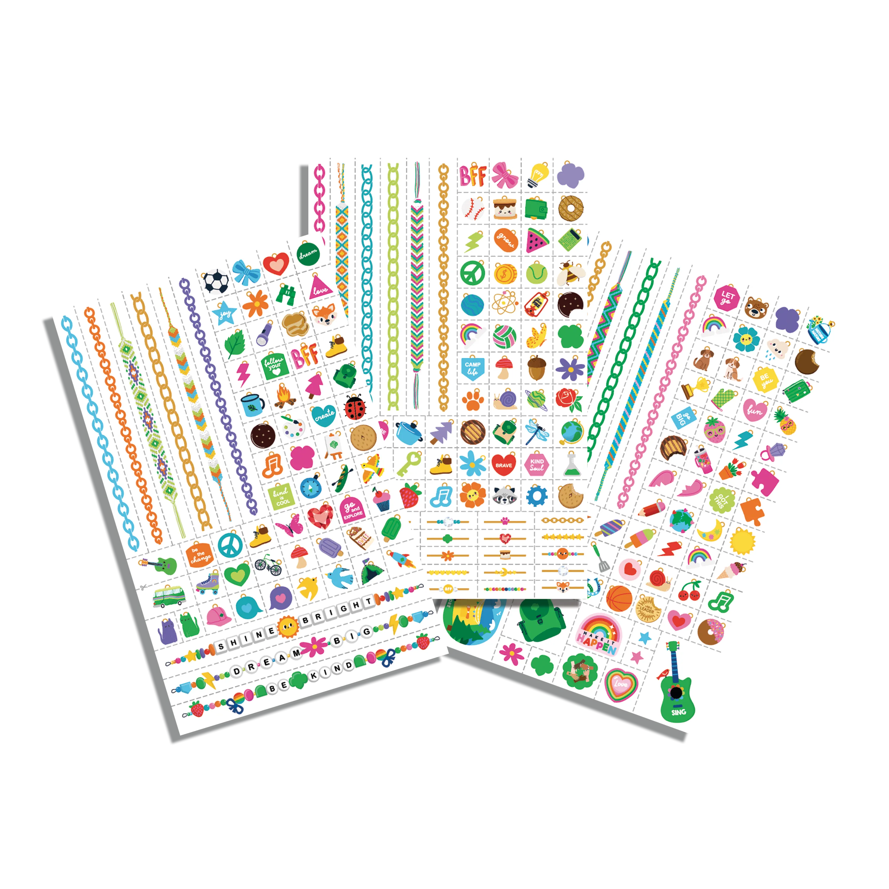 Three fanned out sheets of OOLY x Girl Scouts DIY Temporary Tattoo Jewelry