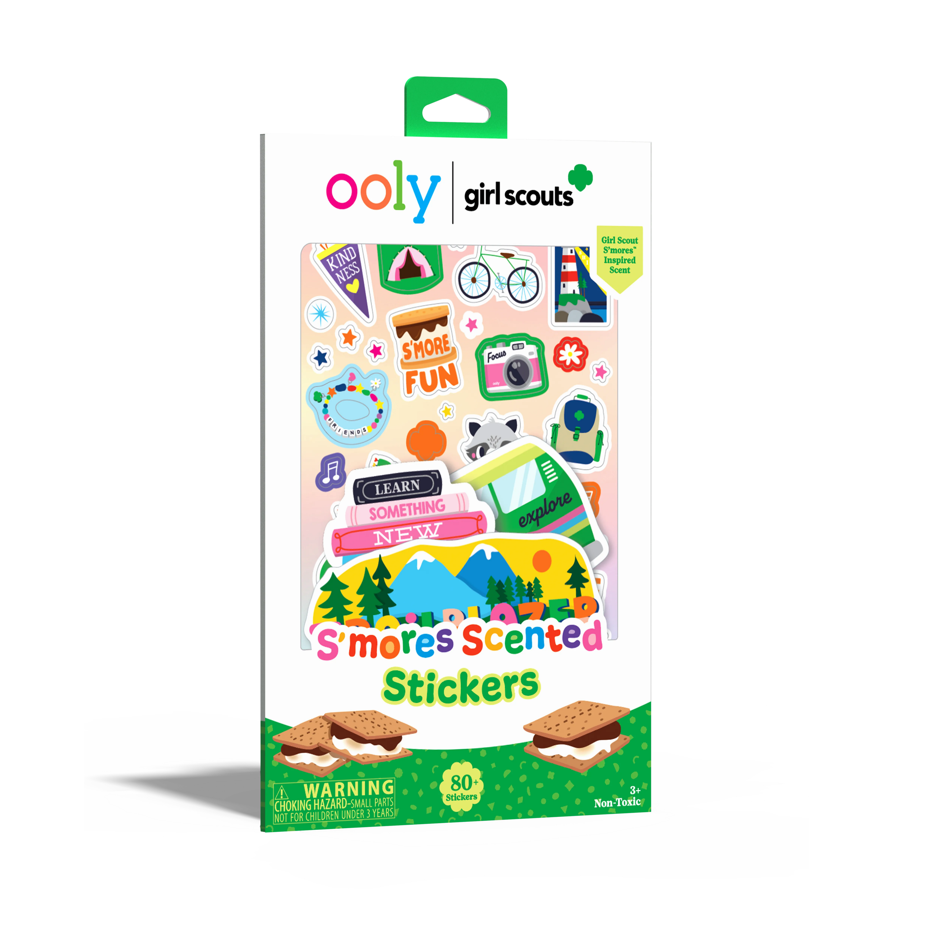 Quarter angle of front of packaging OOLY x Girl Scouts S’more Scented Stickers
