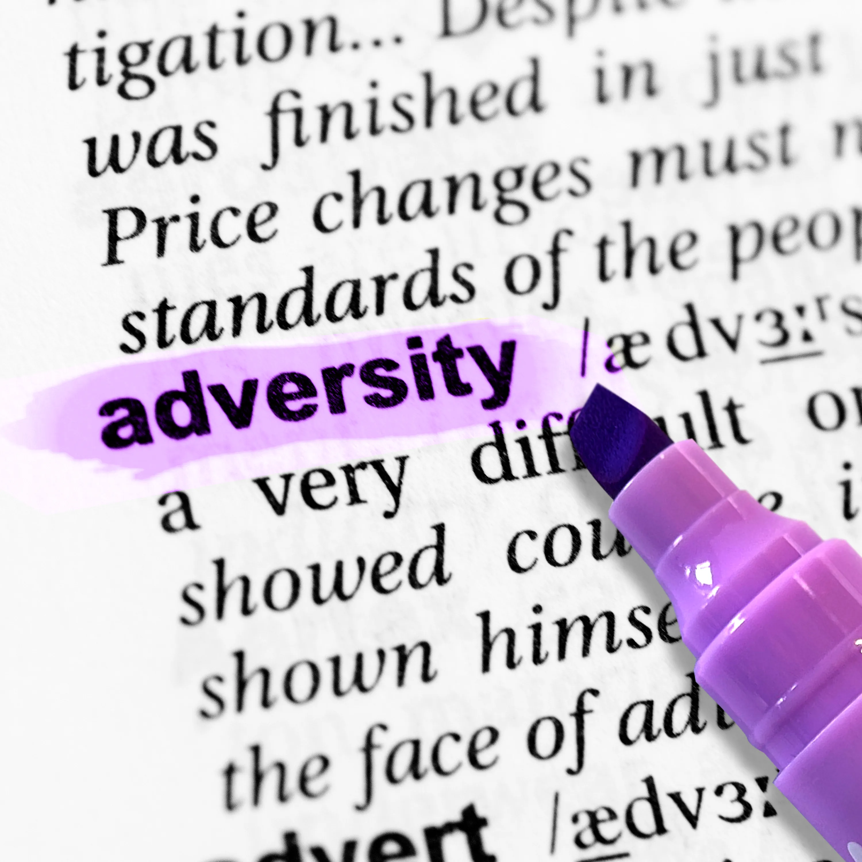 The word "adversity" highlighted in a dictionary with a purple OOLY Heart Pops Neon Highlighters