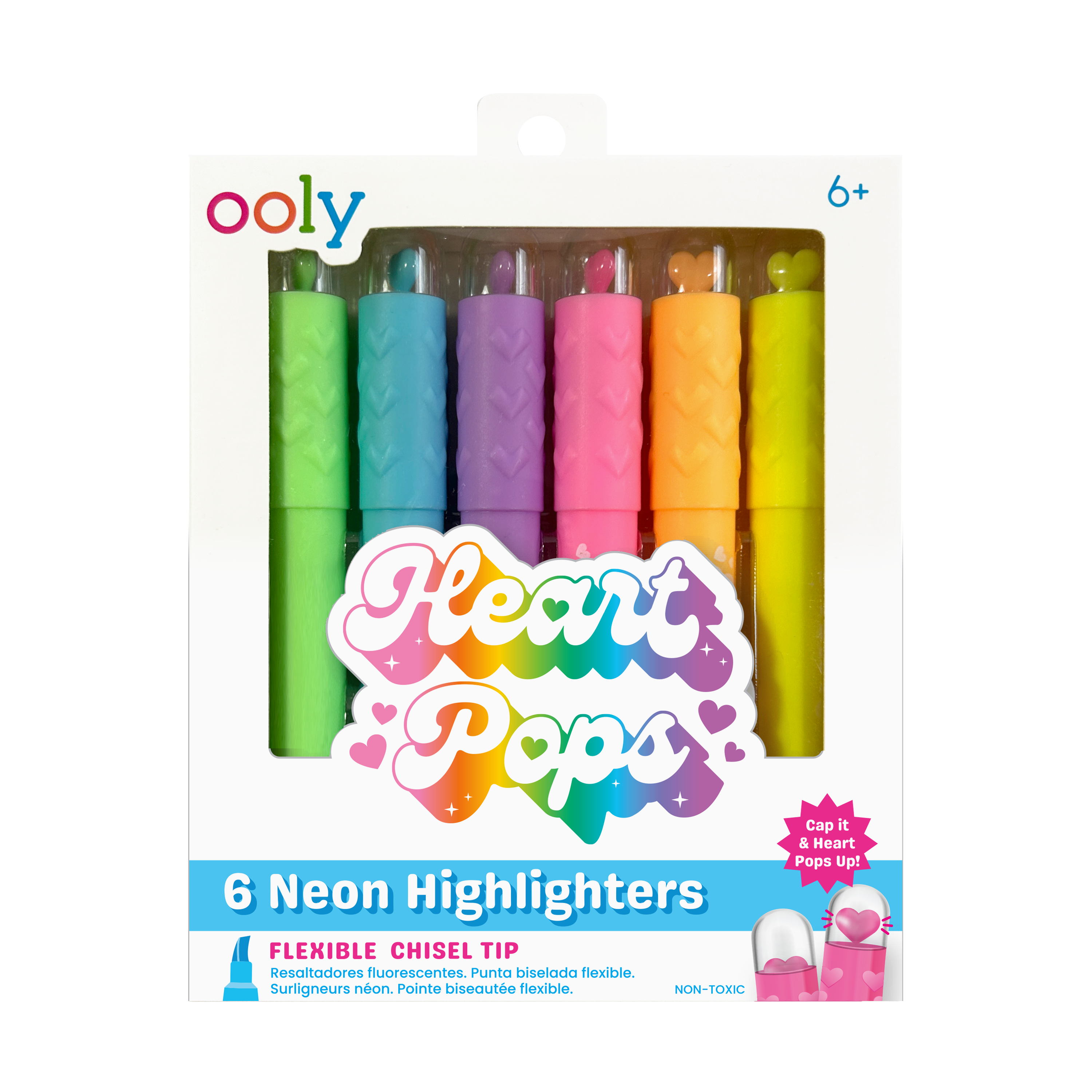 Front of packaging of OOLY Heart Pops Neon Highlighters on a white background