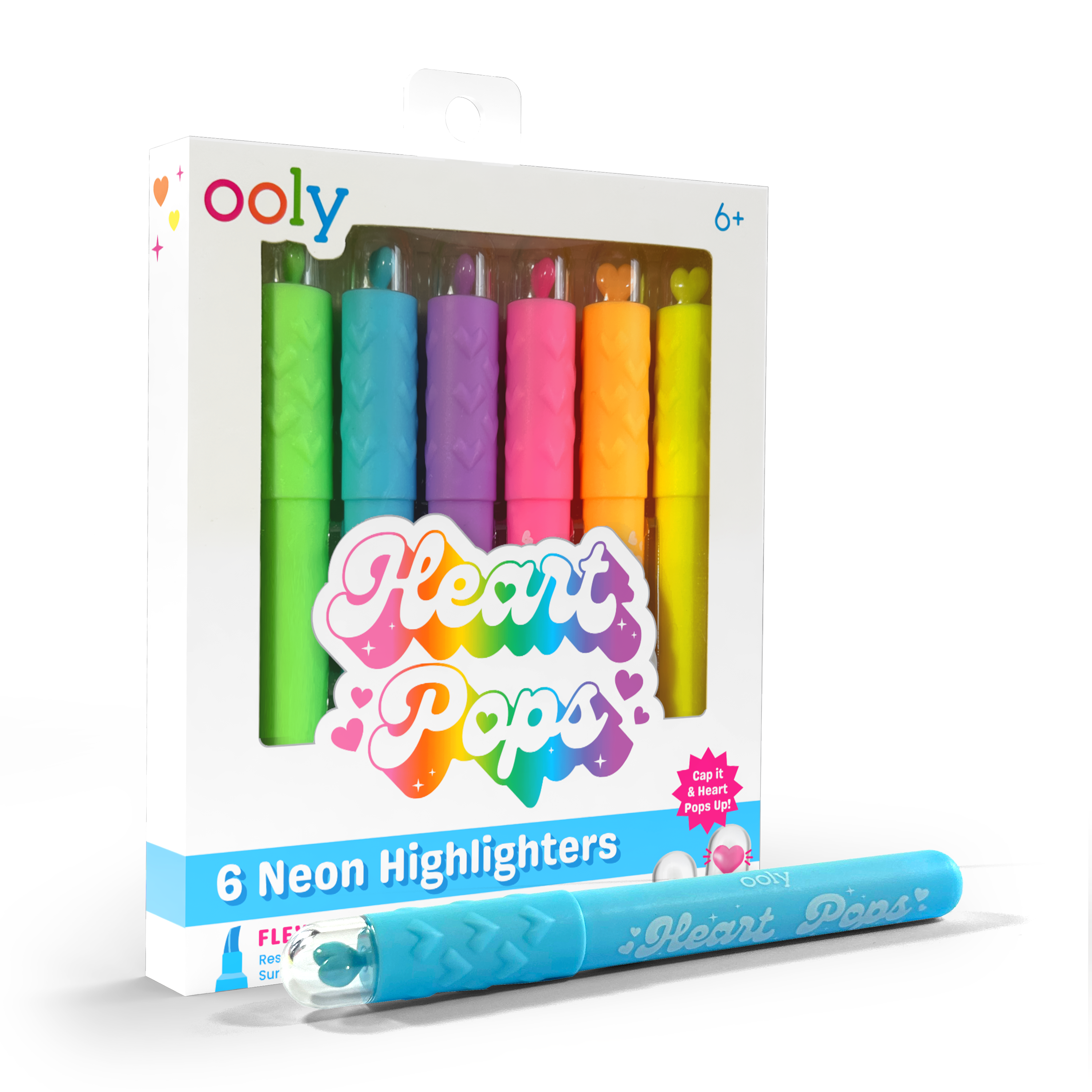 Quarter angle of packaging from OOLY Heart Pops Neon Highlighters on a white background