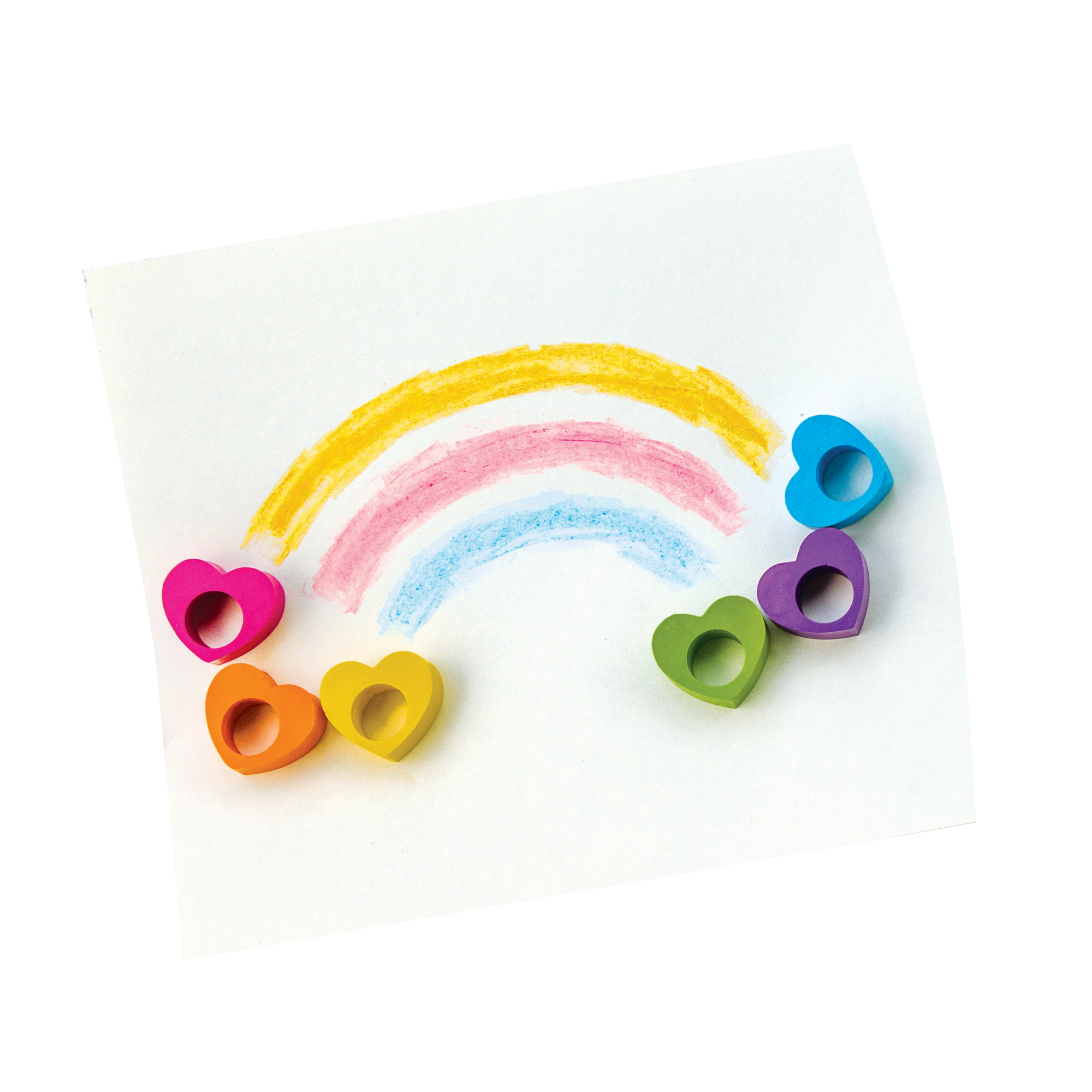 Colored rainbow with OOLY Heart Ring crayons on white paper
