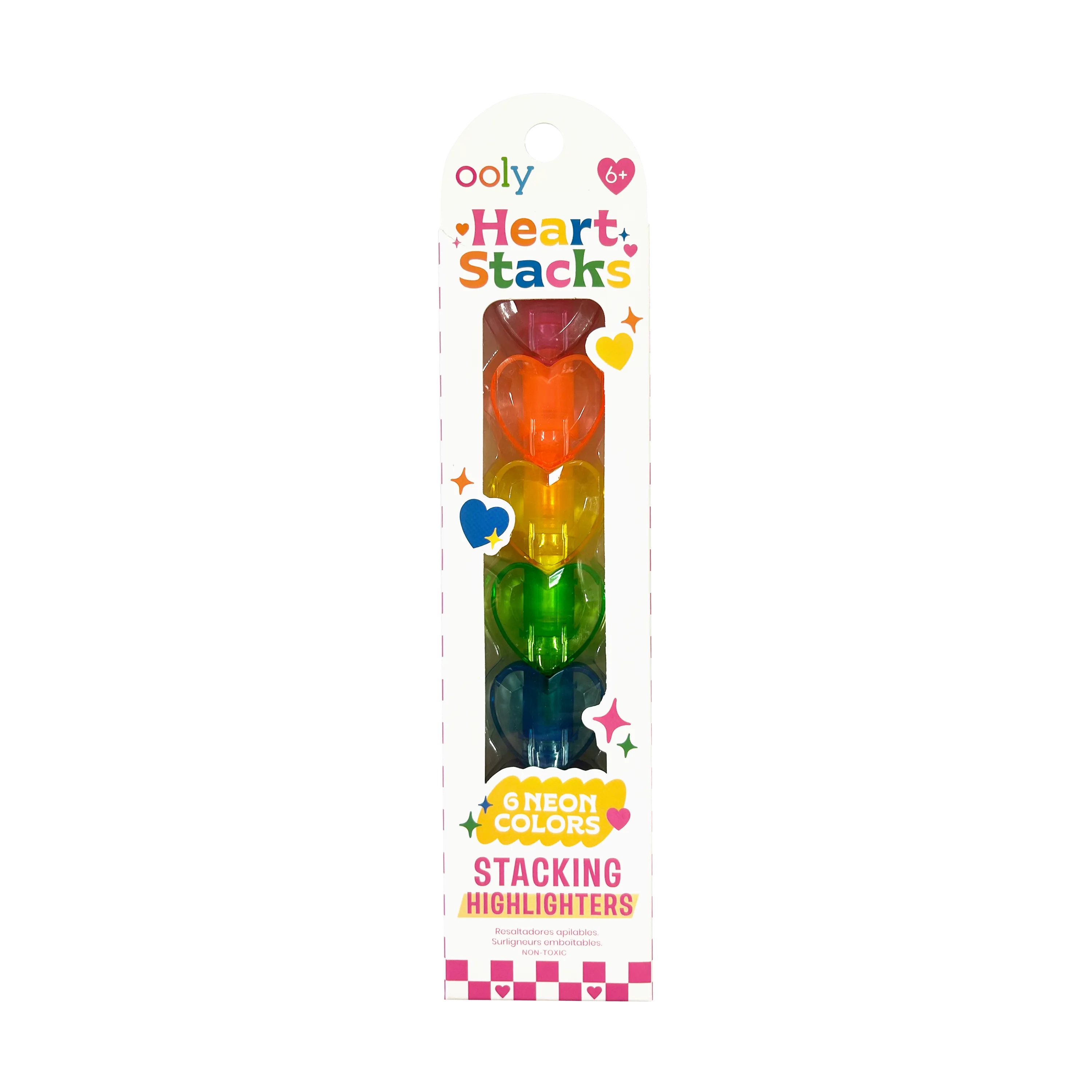 Packaging of OOLY Heart Stacks Stacking Highlighters with colorful hearts on a white background